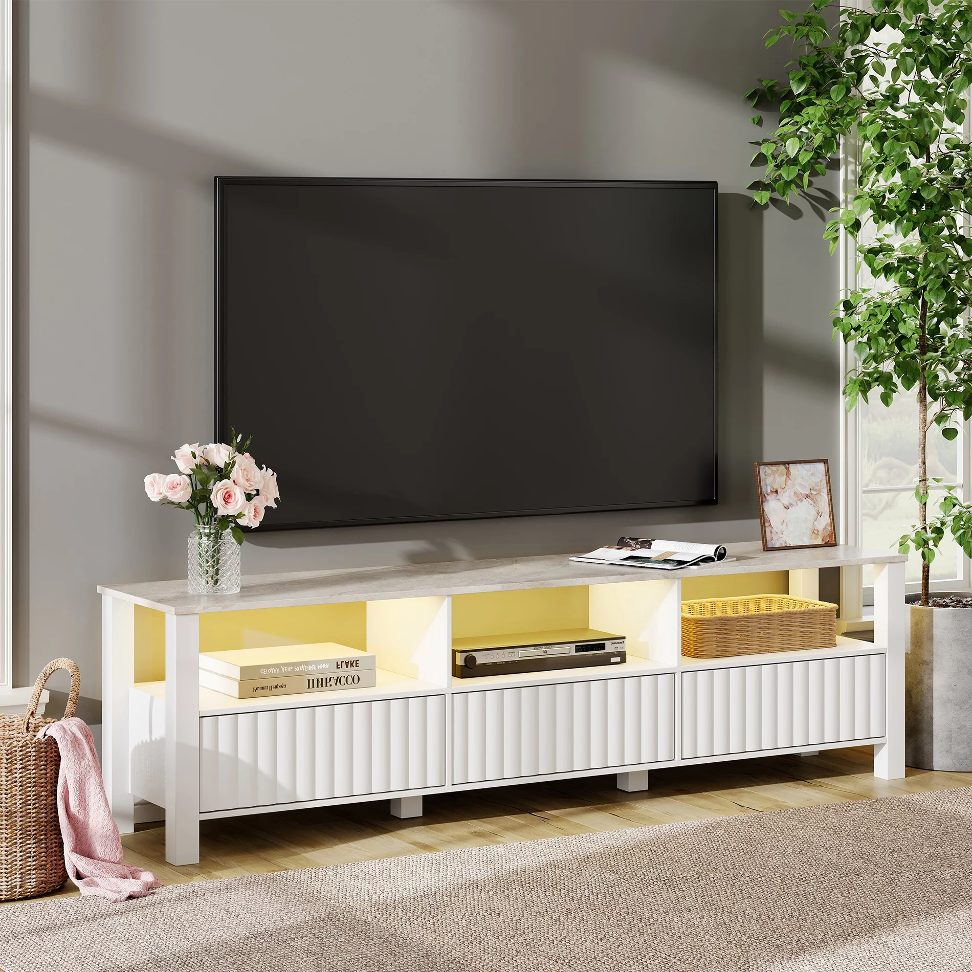 White TV Stand for 85 Inch TV, Modern Entertainment Center for 75 80 90 Inch TV with Storage Cabinet, LED TV Console Tablet for Living Room Bedroom Office,