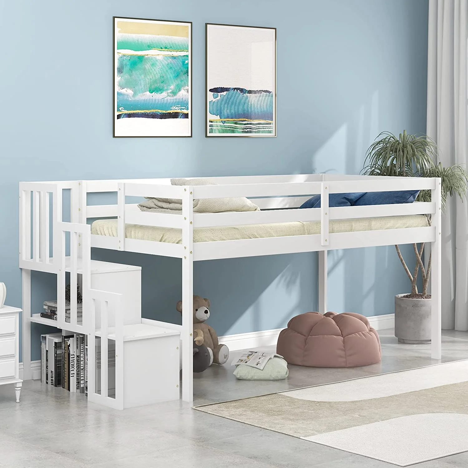 Loft Bed With Slide, Low Loft Bed Frame With Stairs And Storage Shelves, Slide Loft Bed For Boys Girls, No Box Spring Needed, White