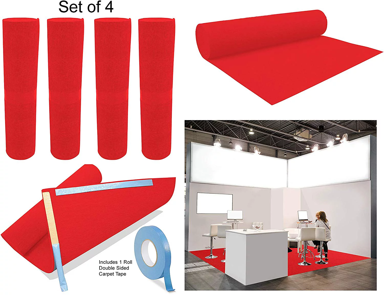 Trade Show Booth Display Flooring Carpet Rugs (Set of 4) and 1 Roll Double Sided Carpet Tape. Light Weight and Flexible Material for Easy Transport.