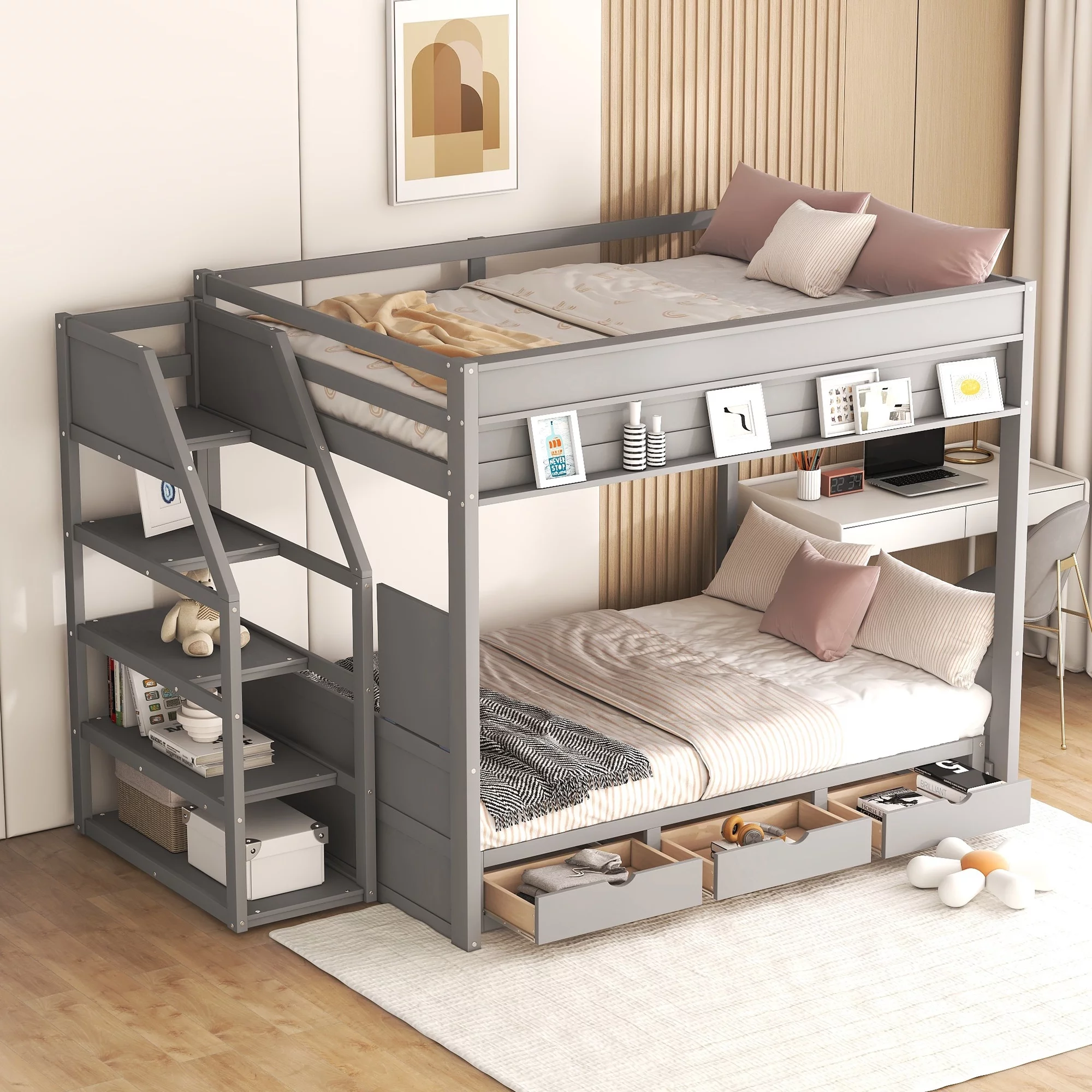 CoSoTower Wood Full Size Convertible Bunk Bed with Storage Staircase, Bedside Table, and 3 Drawers, Gray
