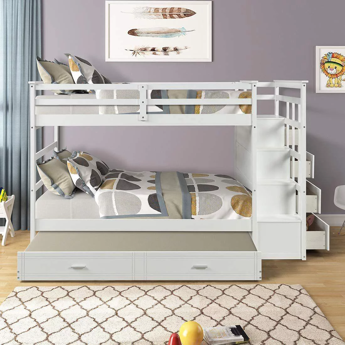 Bunk Bed Twin Over Twin with Four Drawers for Kids, Solid Wood Bed Frame with Trundle and Staircase, Triple Bunk Bed Do Not Require Spring Box (White)