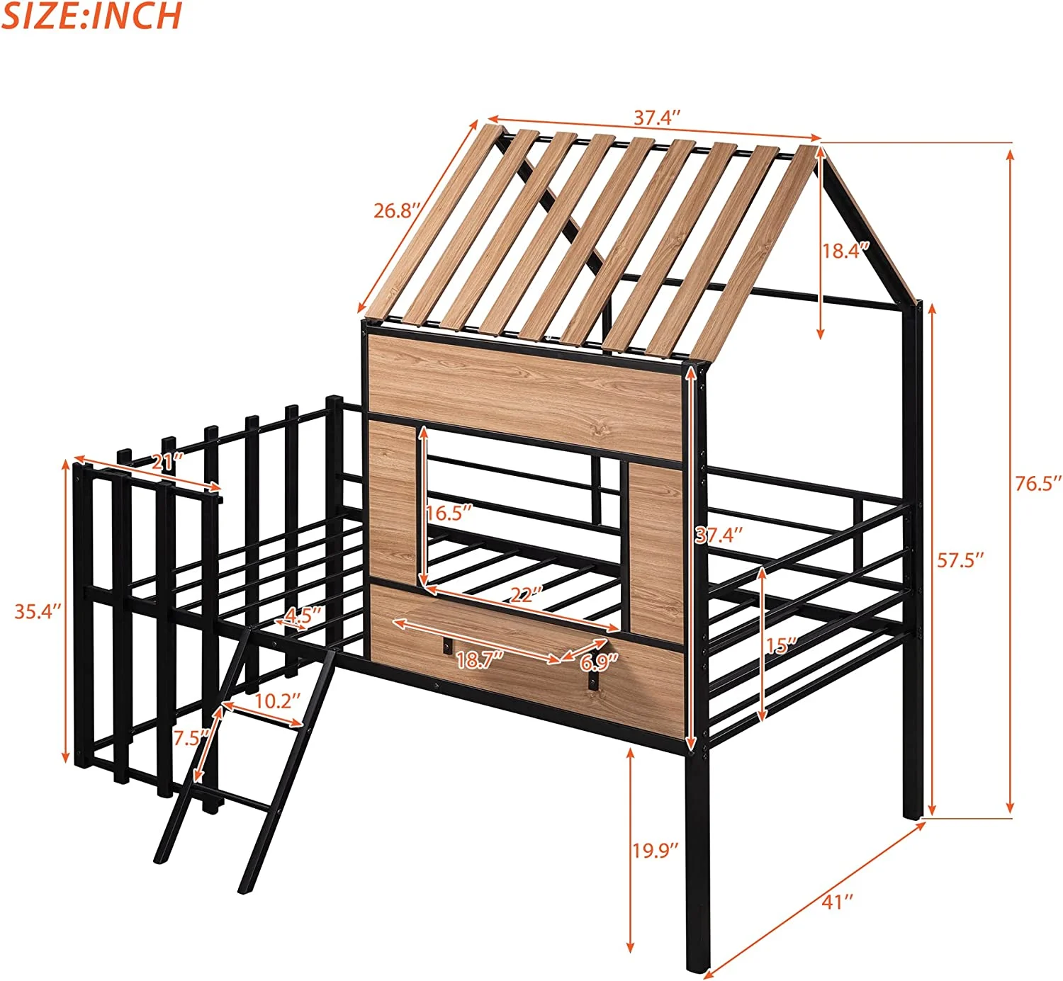 Twin Size House Kids, Low Roof and Window, Loft Girls Boys,Playhouse Bed Frame, Black Metal