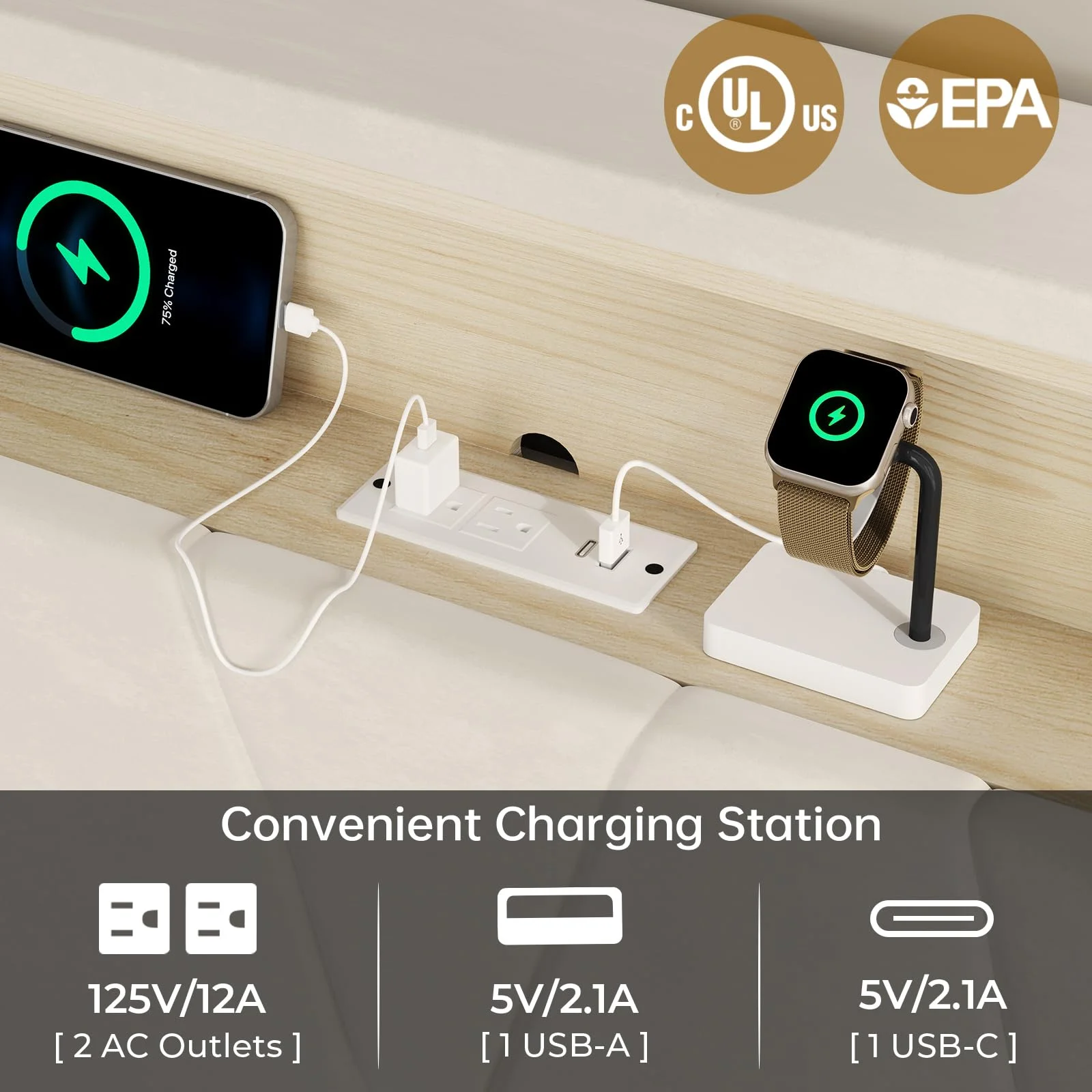 ADORNEVE Full Size LED Bed Frame with Charging Station, Velvet Upholstered Bed Frame with Adjustable Headboard Storage, No Box Spring Needed, Creamy White