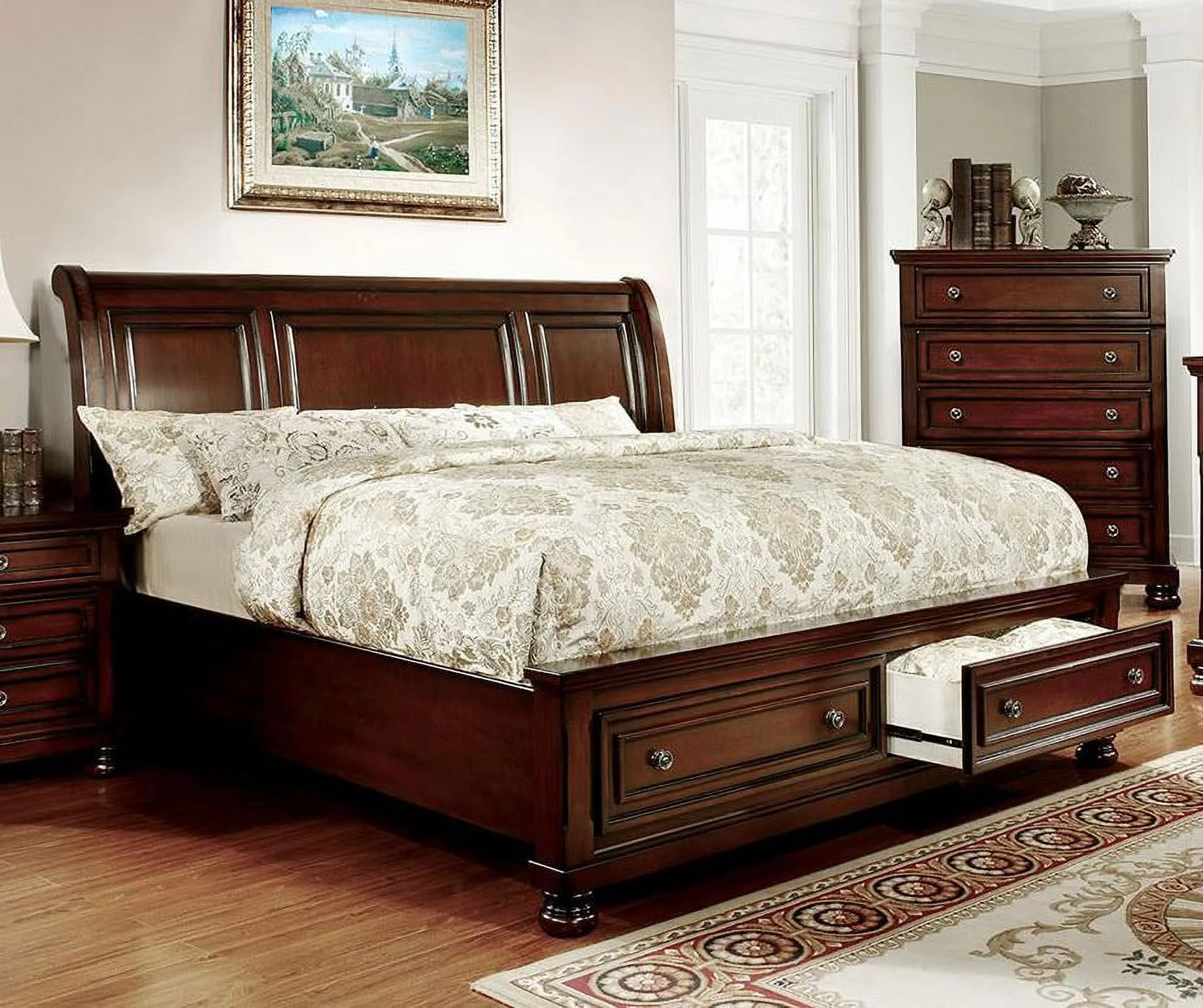 Dark Cherry Solid Wood King Bed w/Storage Drawers FOA CM7683-EK Northville