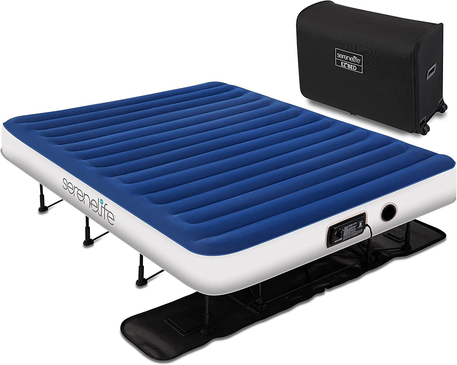 SereneLife EZ Air Mattress W/ Frame & Rolling Case, Foldable Self-Inflating Air Bed W/ Pump, Queen