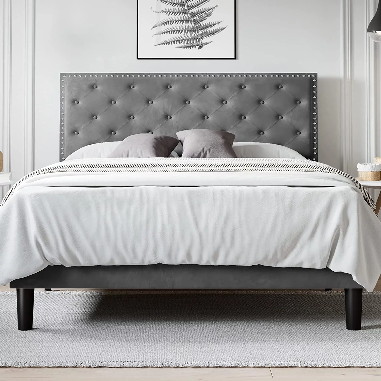 Allewie Queen Size Bed Frame, Velvet Upholstered Platform Bed with Adjustable Diamond Button Tufted & Nailhead Trim Headboard, Light Grey