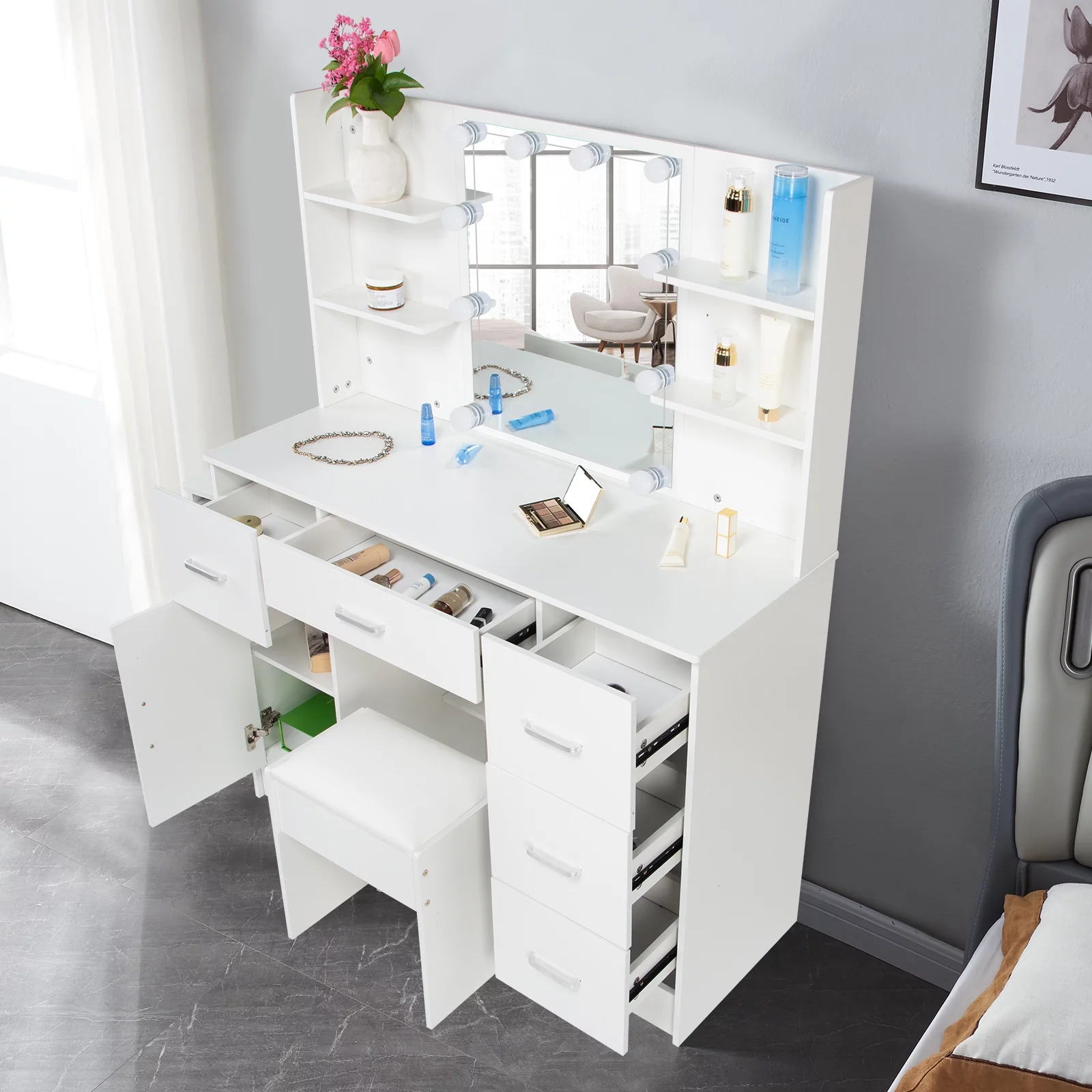 Jarbalai Vanity Set with LED Lights, Makeup Table with Stool, 6 Storage Shelves 5 Drawers, Dressing Table Dresser Desk for Women, Girls, Bedroom, White