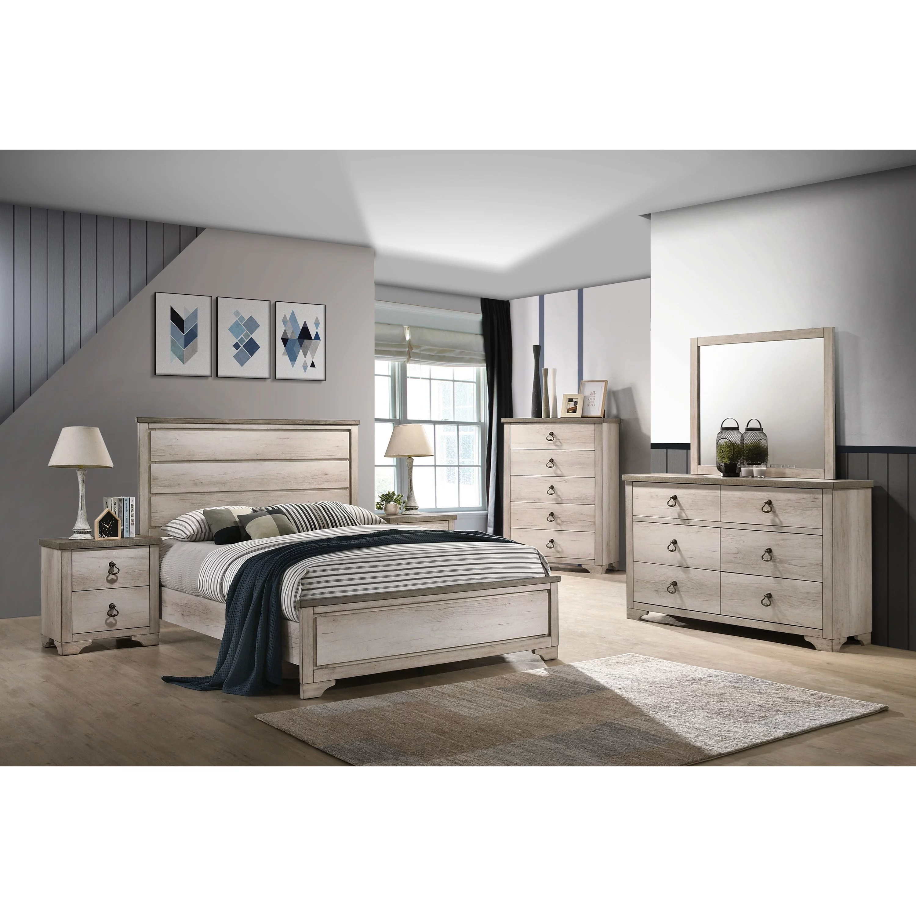 Rustic Style 4pc Panel Queen Size Bed Dresser Mirror Nightstand Set Beige Finish Wooden Bedroom Furniture