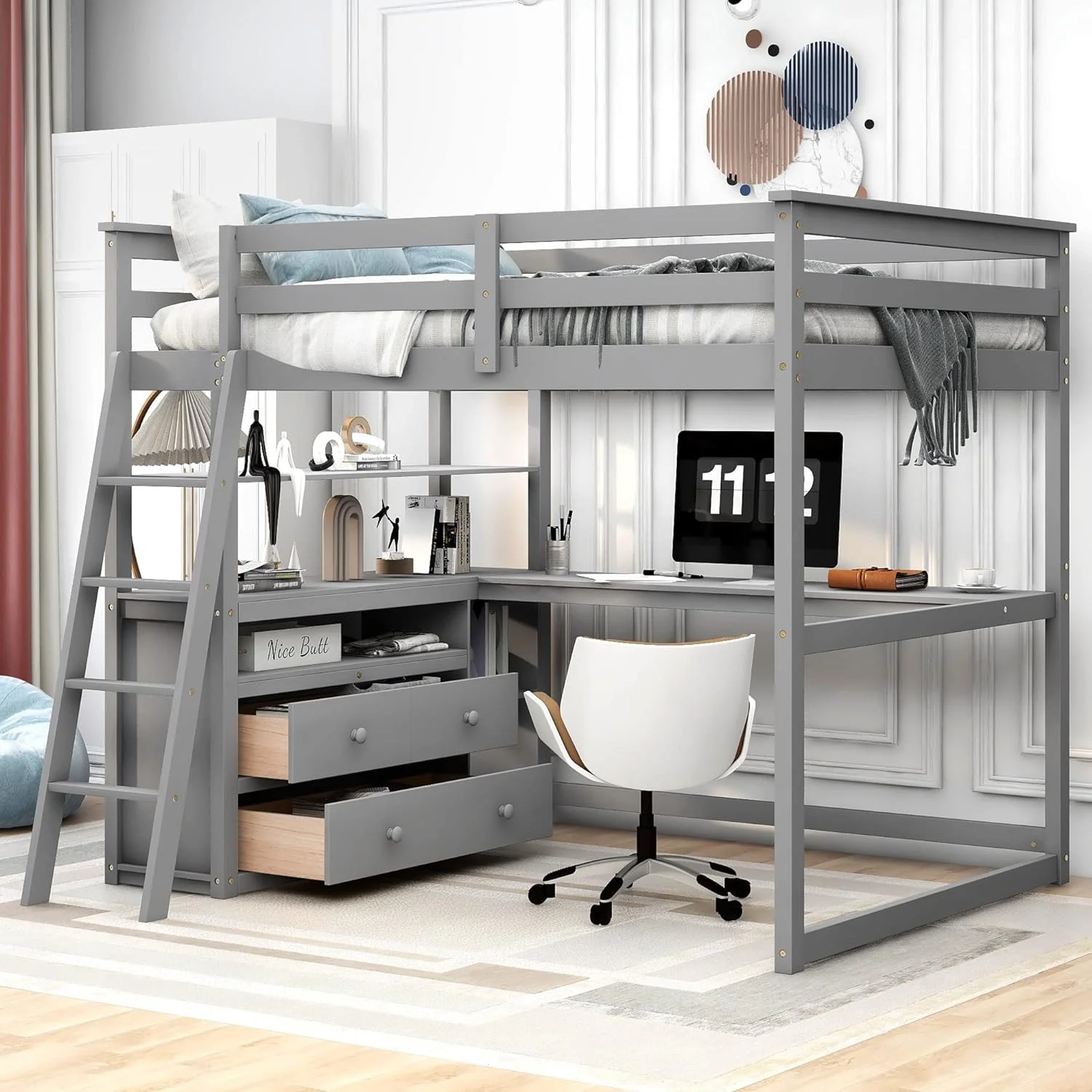 Full Size Loft Bed With Desk And Shelves, Wood Loft Bed With Storage Drawers For Kids Teens Adults, No Box Spring Needed, Gray