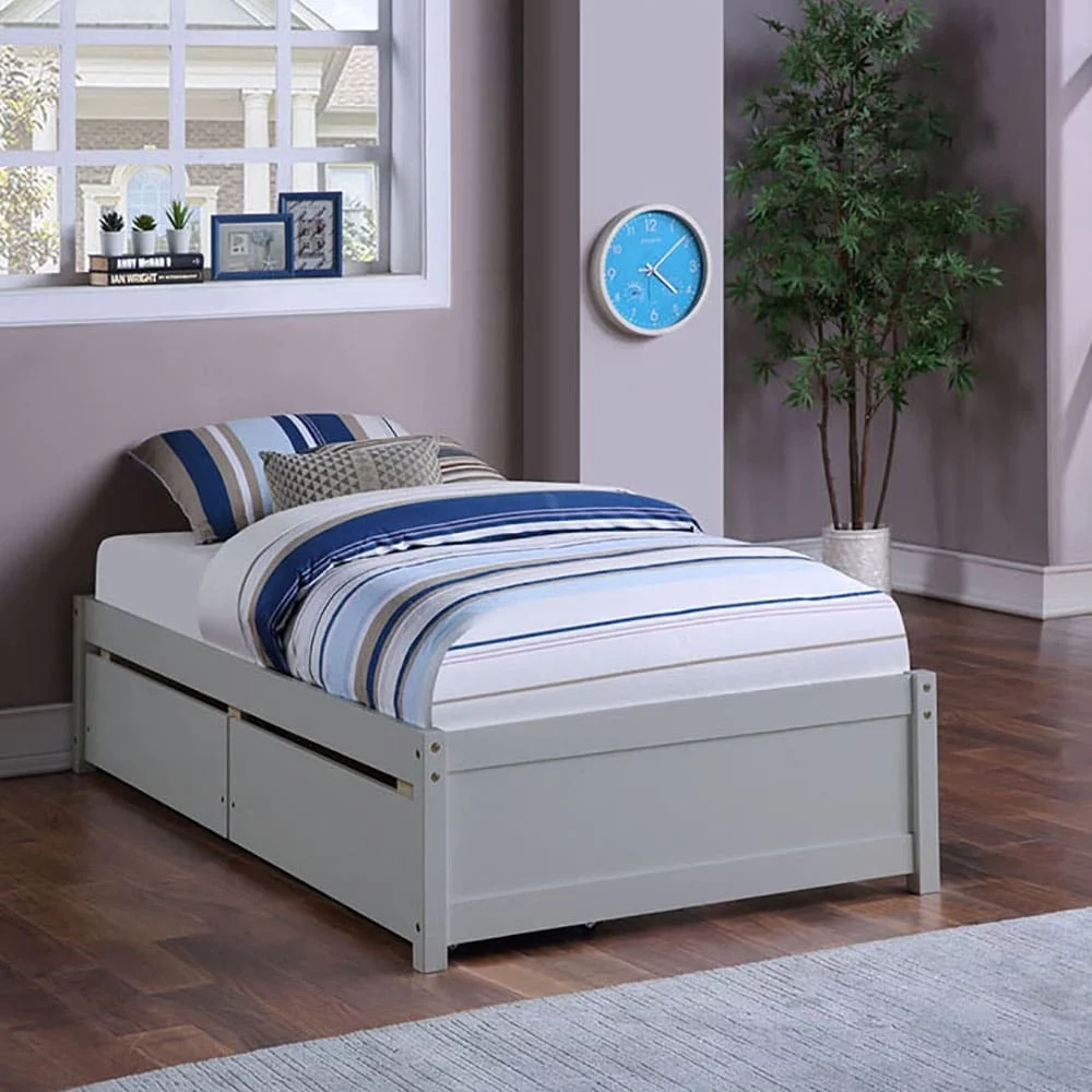 Bedroom Bed Frame Twin Bed with 2 Storage Drawers Grey