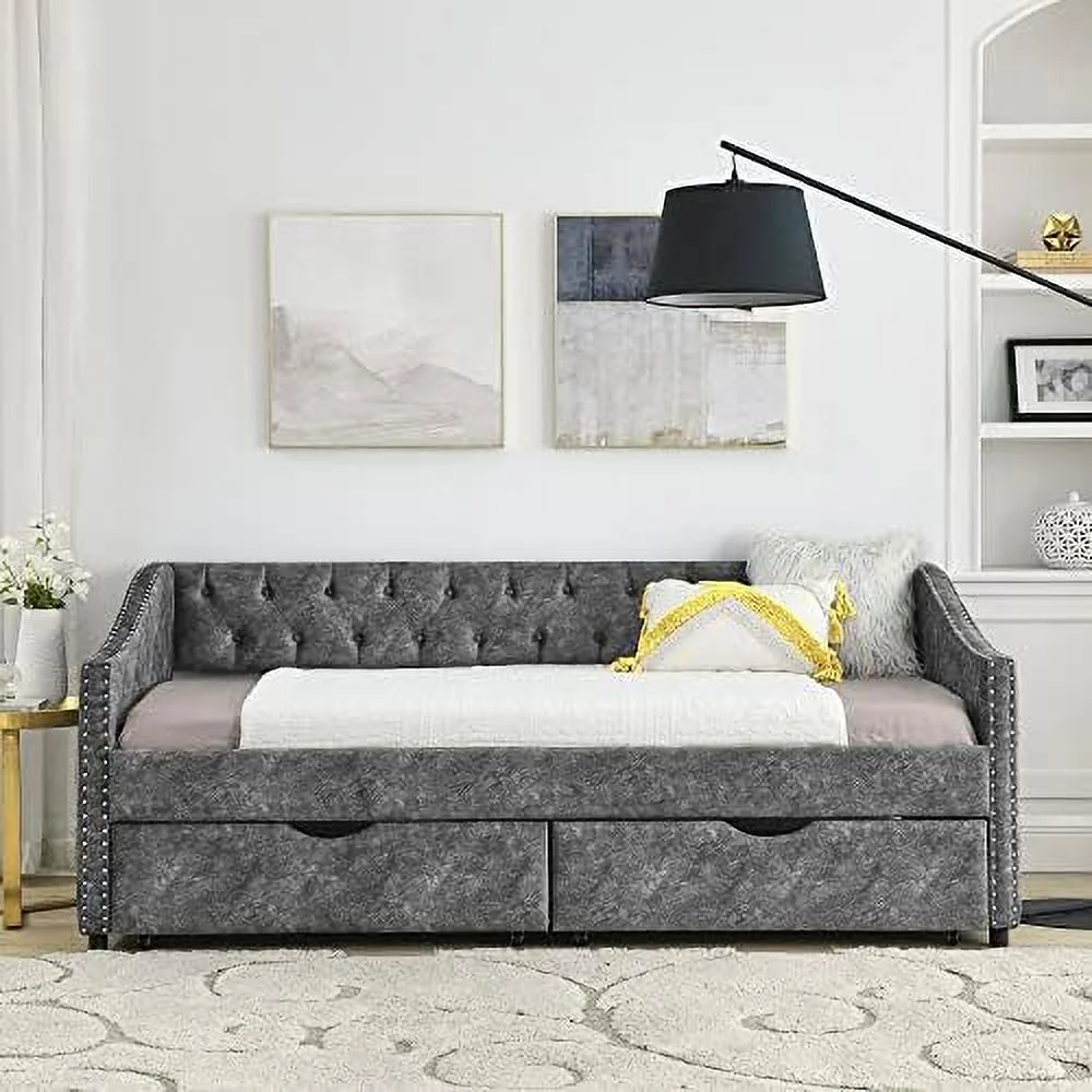 Upholstered Full Daybed with Two Storage Drawers  Full Size Button Tufted Sofa Bed Daybed with Nailhead Trim and Wood Slat Support (Beige Fabric)