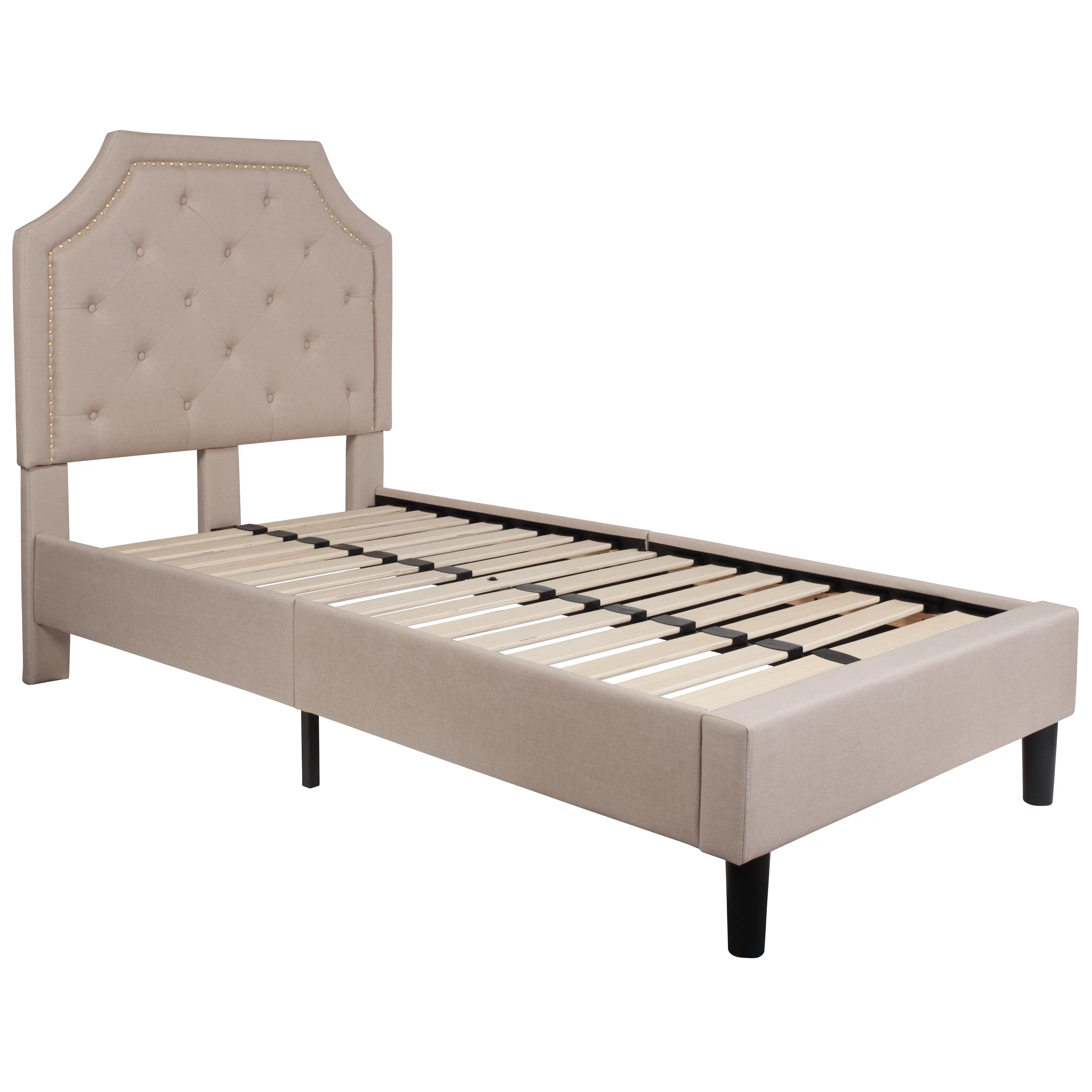 Twin Size Arched Tufted Upholstered Platform Bed in Beige Fabric