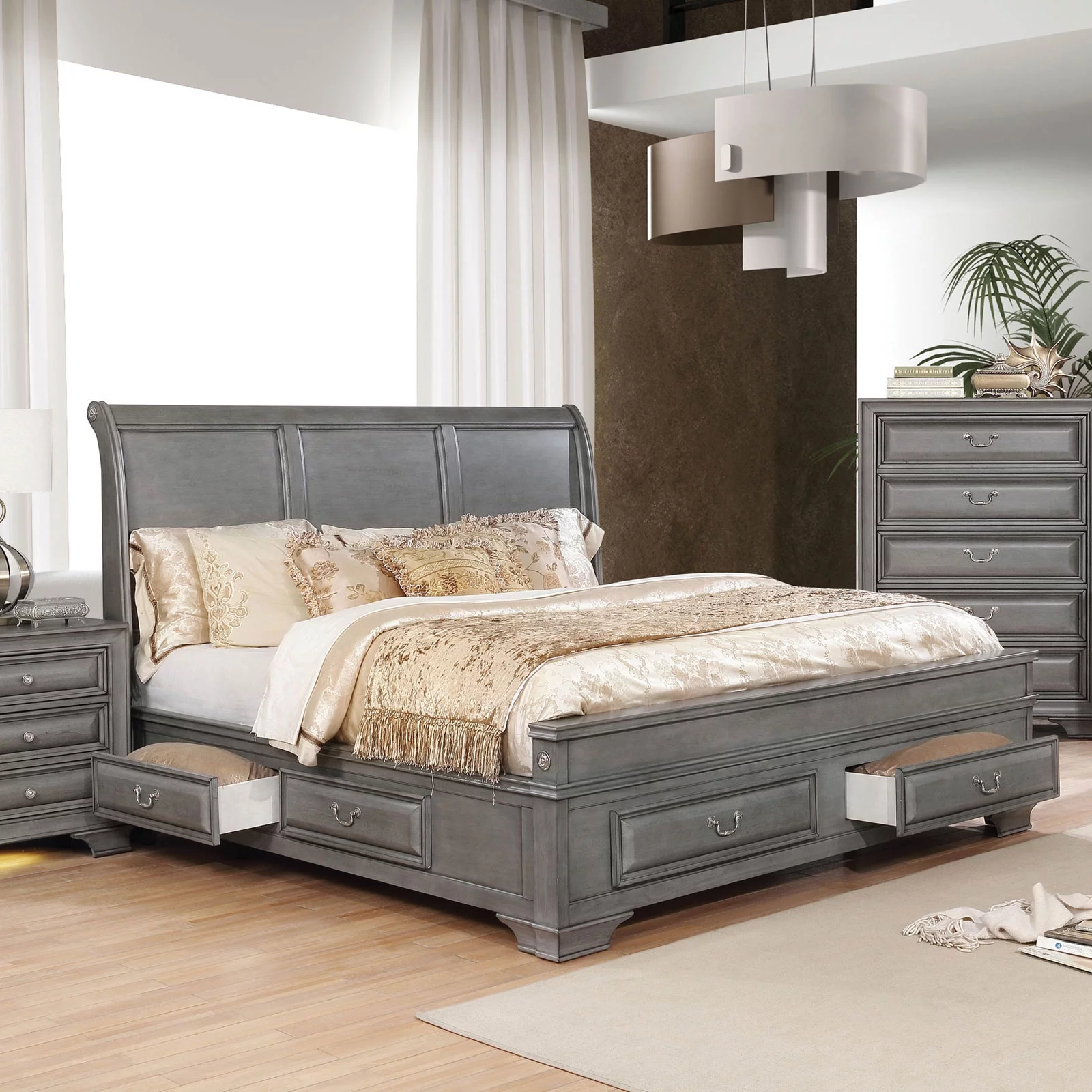 Modern Contemporary Eastern King Size Bed 1pc Bedframe Bedroom Furniture Grey Solid wood Storage Wood Inlay