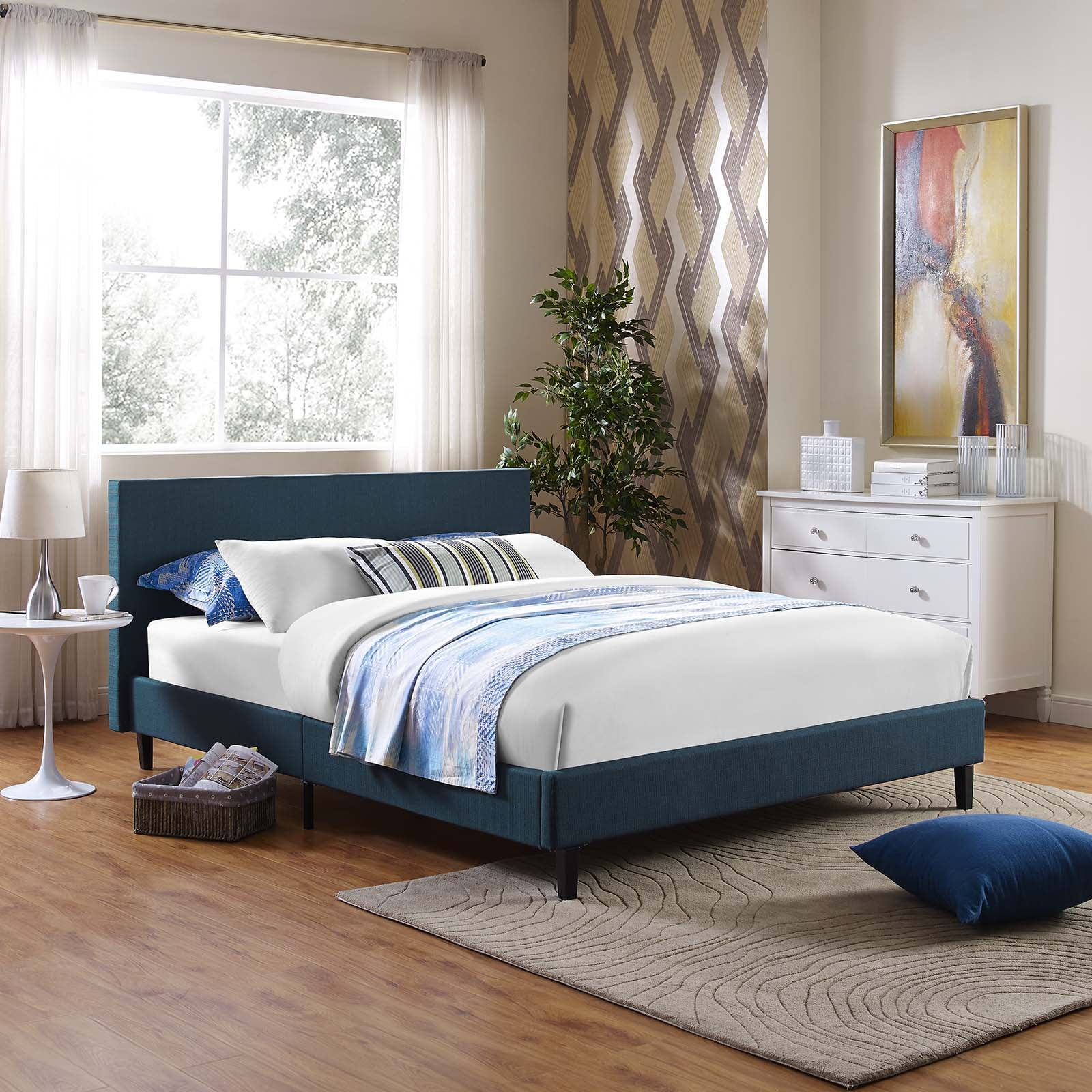 Modern Contemporary Urban Design Bedroom Full Size Platform Bed Frame, Navy Blue, Fabric Wood
