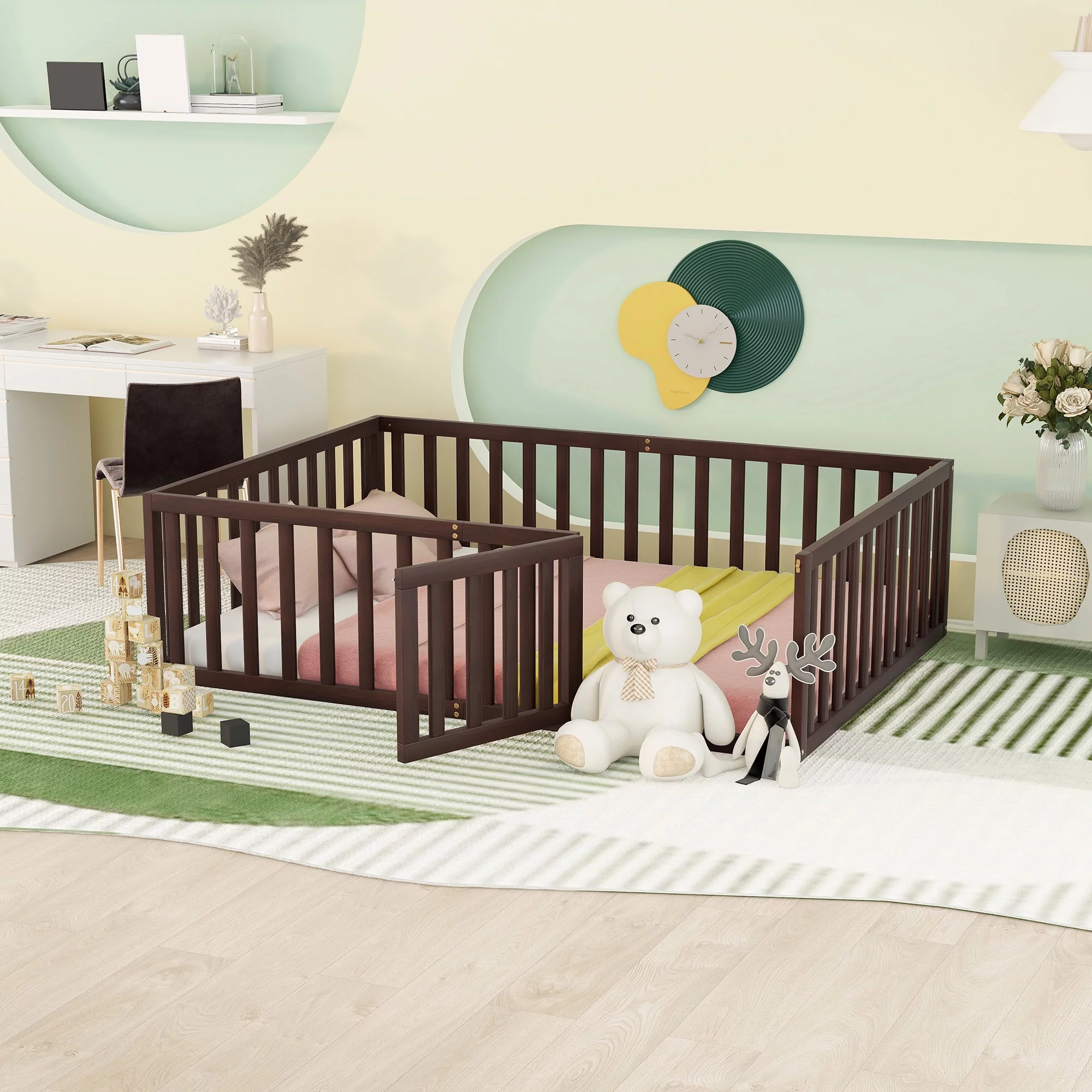 CoSoTower Full Size Wood Daybed Frame with Fence, Walnut