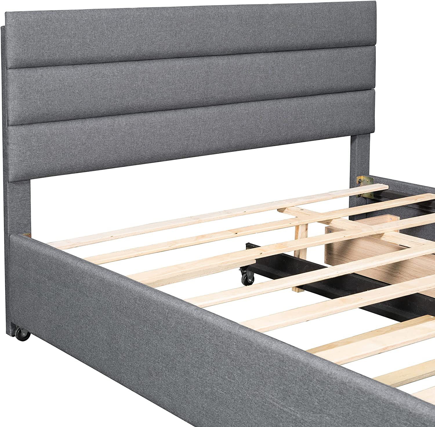 Modern Linen Upholstered Platform Bed with Trundle and 2 Drawers, Queen Size Platform Bed, Wooden Slats Support, No Box Spring Needed
