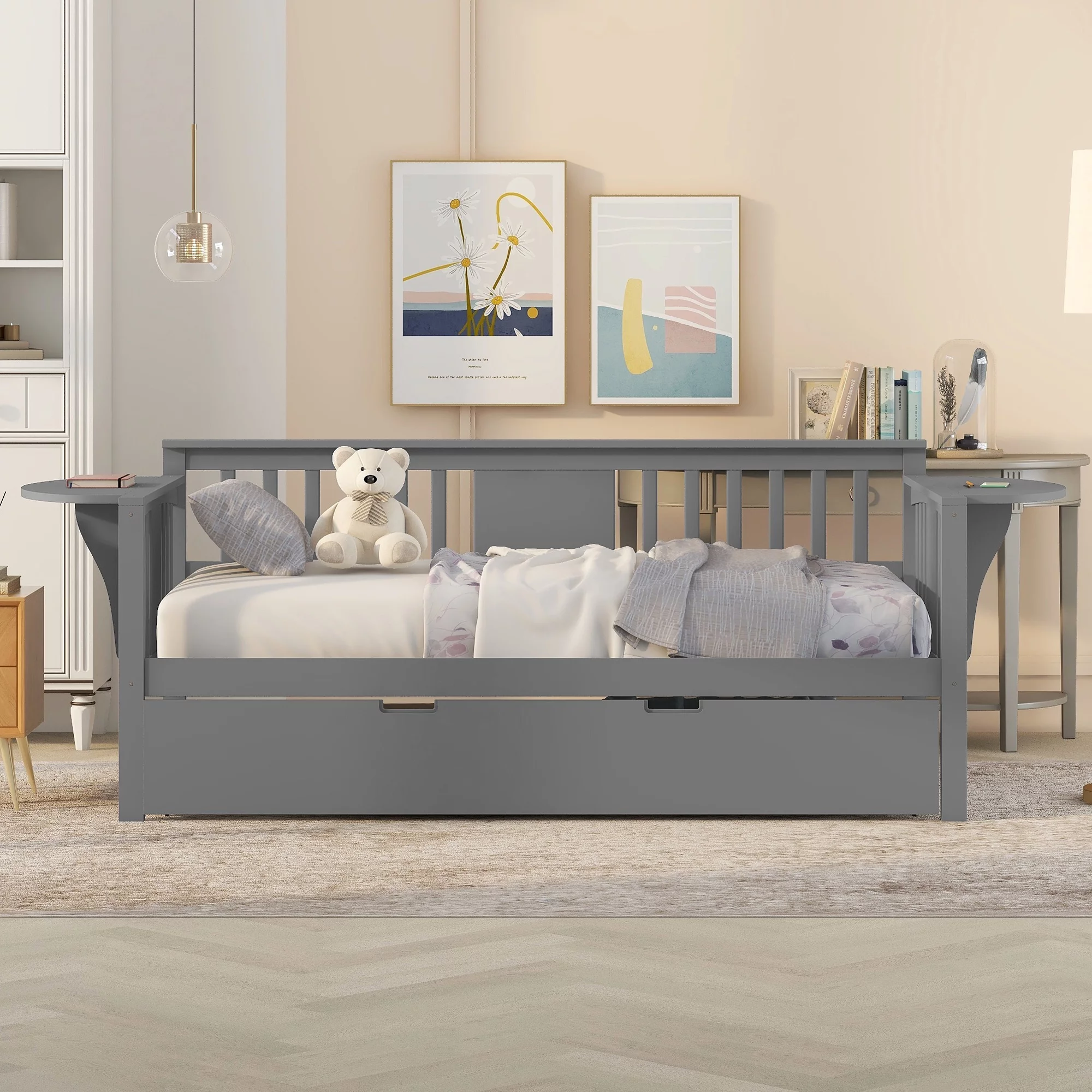 Bellemave Twin Size Daybed with Trundle and Foldable Side Shelves, Wood Day Bed Sofa Bed for Living Room, Guest Room, Bedroom, Home Office (Gray)