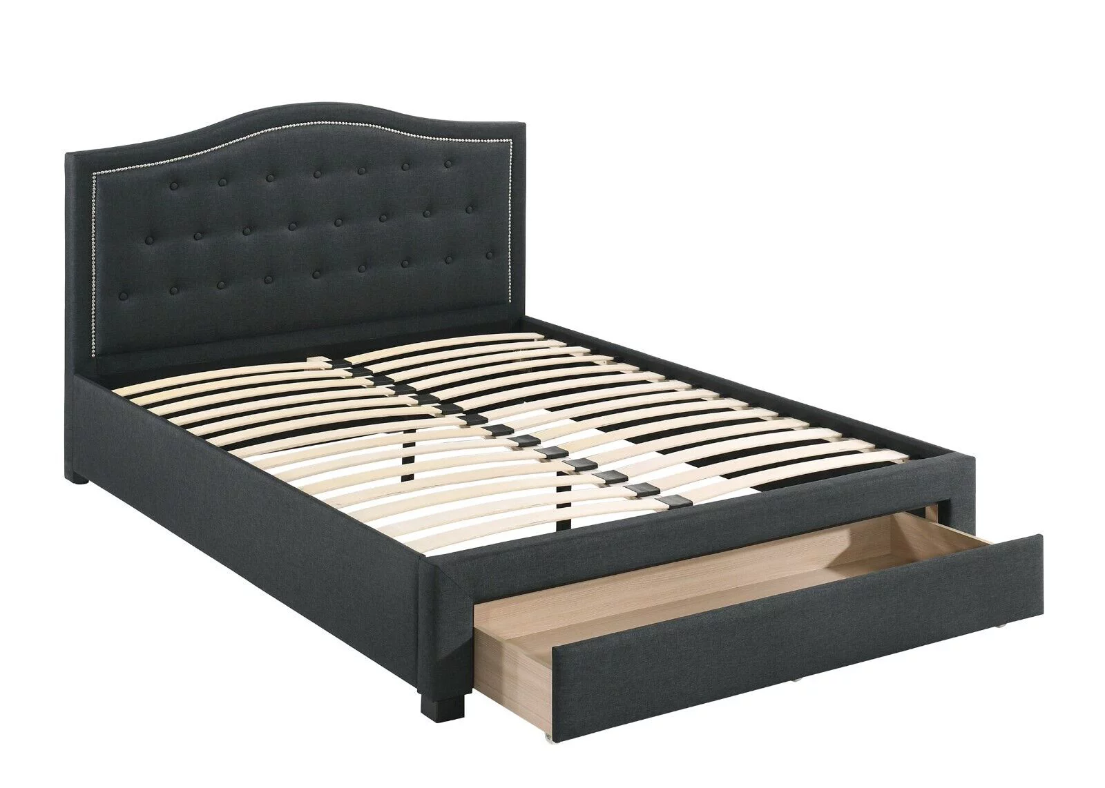 Charcoal Burlap Fabric Tufted Headboard Storage Footboard Full Size Bed 1pc Bedroom Furniture Particle Board