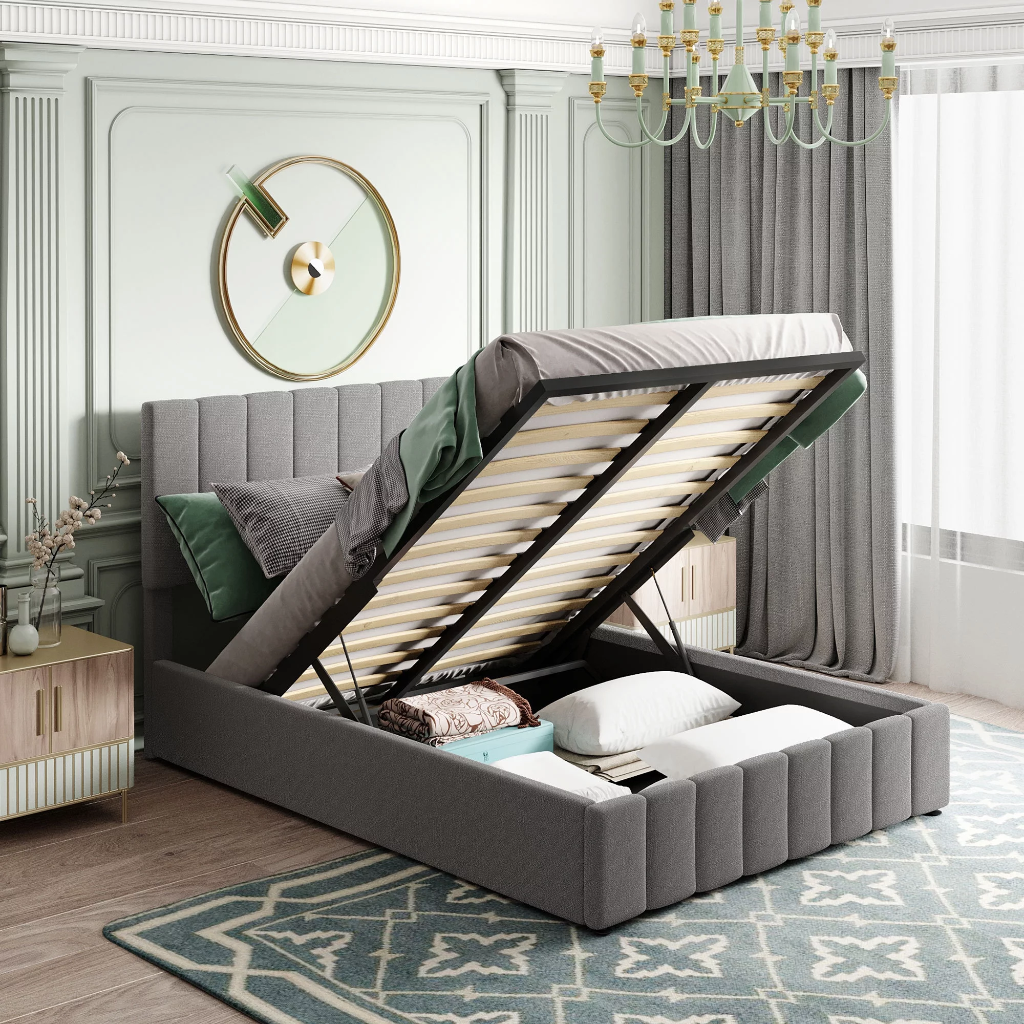 Dawn Whisper Full size Upholstered Platform bed with a Hydraulic Storage System, Gray