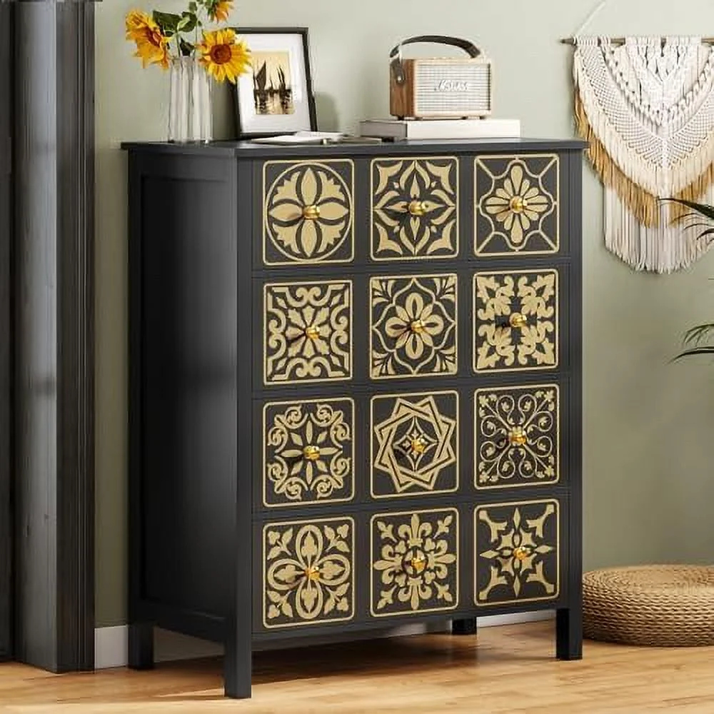 GEROBOOM Black Dresser for Bedroom with 4 Drawers Chests of Drawers with Charging Station Wooden Dresser with Organizer Unit for Closet Bedroom (Black)