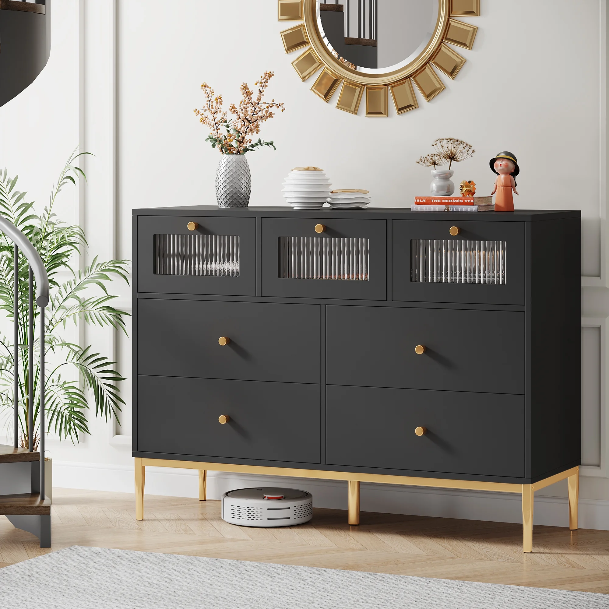 Homfa 7 Drawers Glass Dresser for Bedroom, Modern Storage Cabinet with Gold Knob and Base, Black