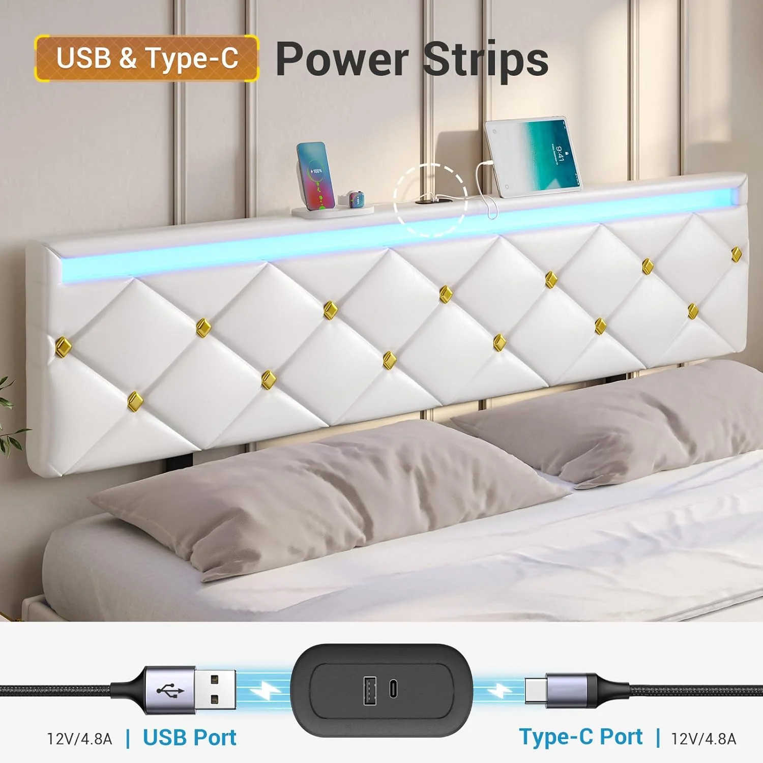LED Floating Bed Frame King Size with LED Lights and Charging Station,Modern Upholstered Platform Bed Frame with Leather Headboard,Noise Free,White