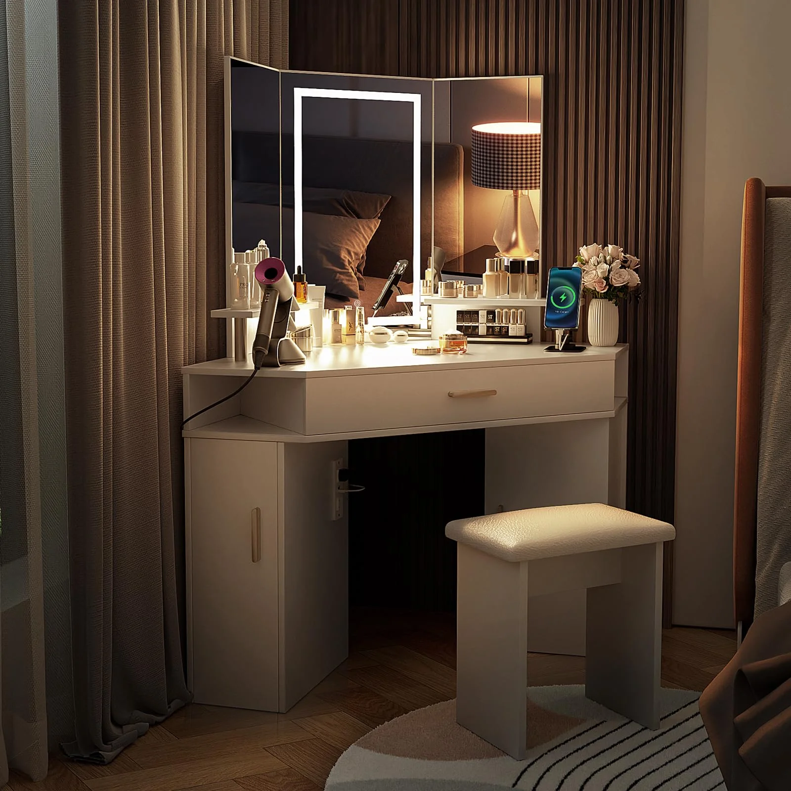 RichYa Corner Makeup Vanity Desk with Lighted Mirror Power Outlet 3 Color Lighting Options 6 Drawers and Cabinet