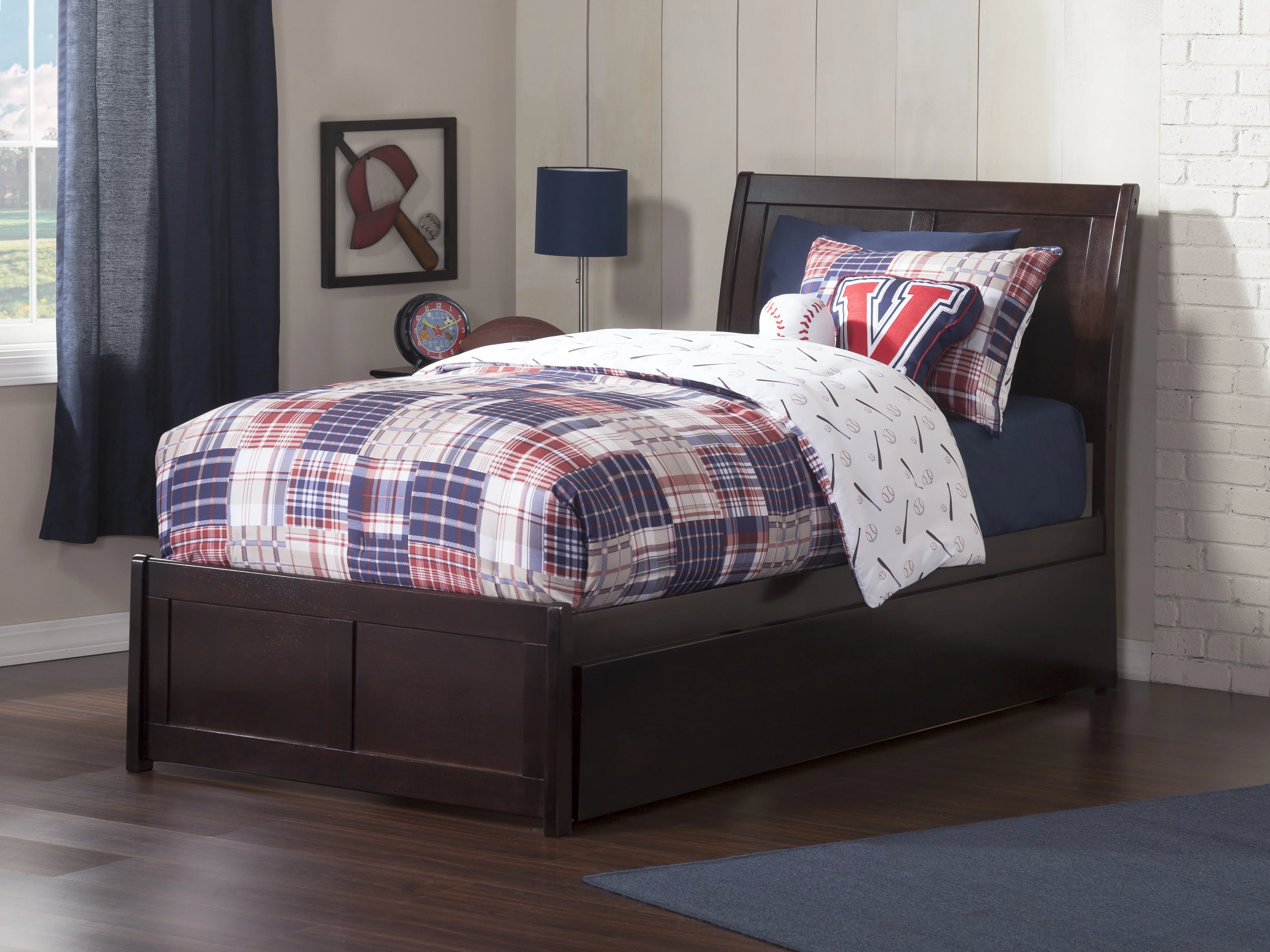 Portland Platform Bed with Flat Panel Foot Board and Twin Size Urban Trundle Bed, Multiple Colors, Multiple Sizes