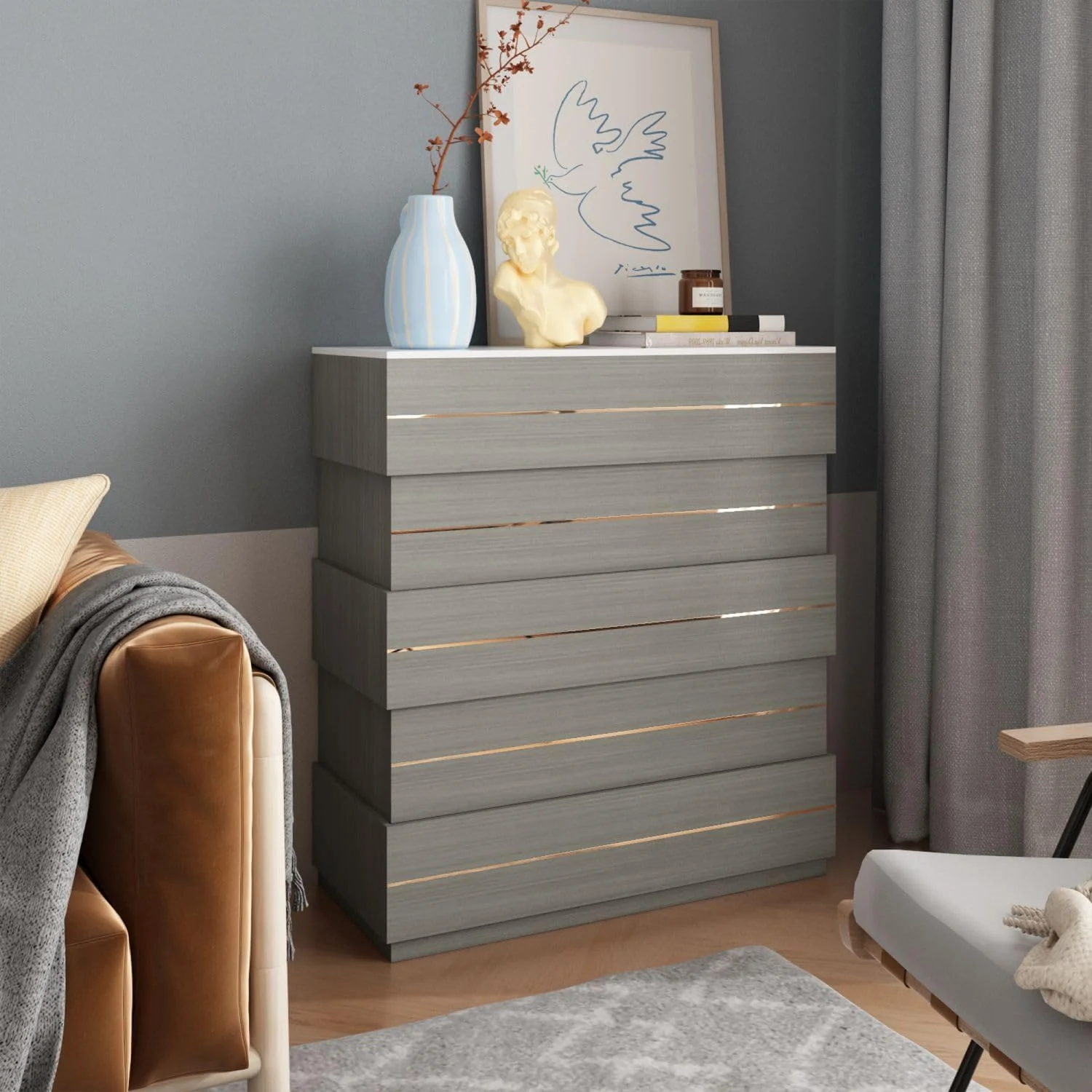 Chest of Drawers 5 Drawer Dresser with Gold Accents, Modern Dresser 5-Drawer Chest, Dresser for Bedroom Grey (35.4