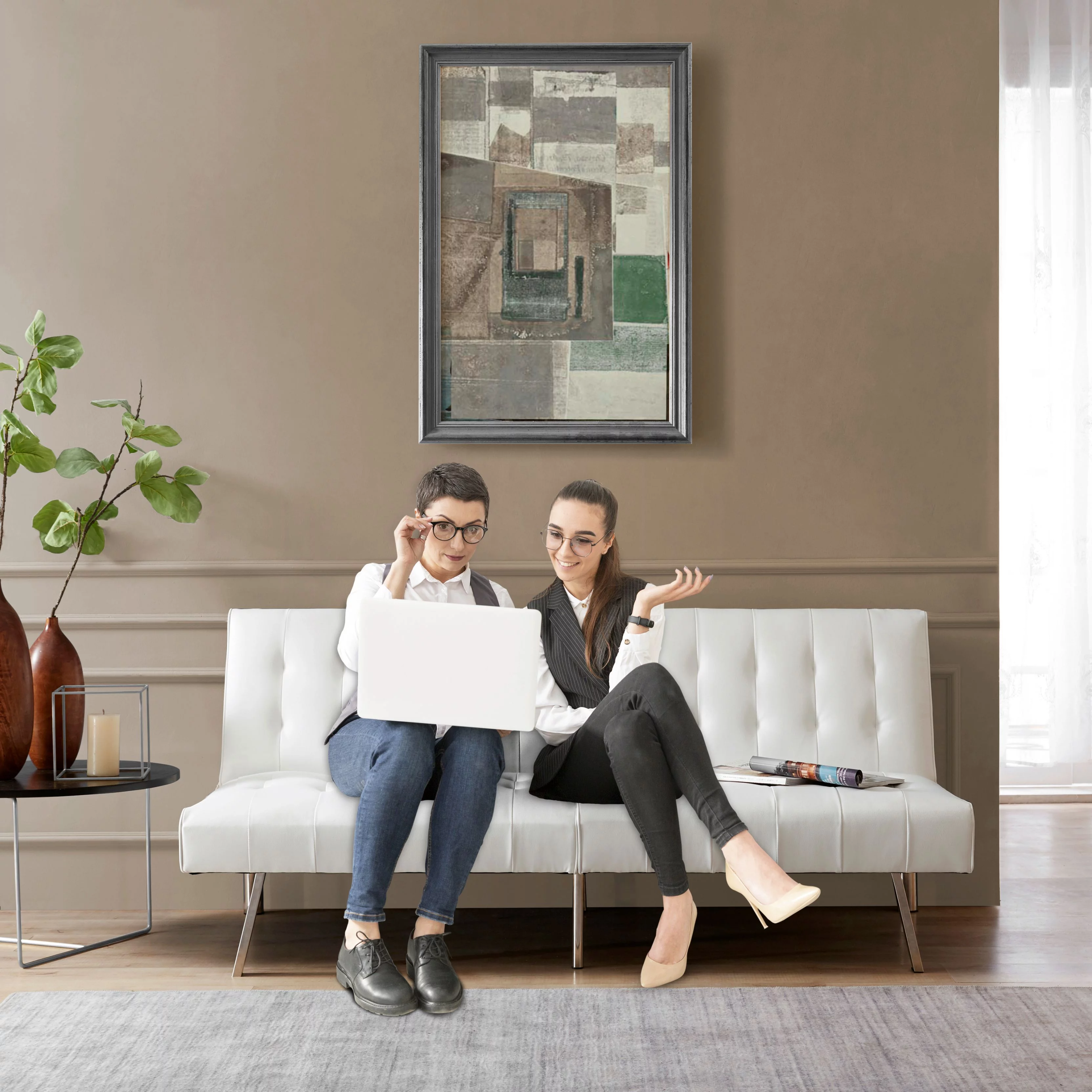 Naomi Home Tufted Split Back Futon Sofa Bed, Linen Couch Bed, Futon Convertible Sofa Bed with Chrome Legs, Folding, Reclining Small Convertible Couch, Futon Couches for Living Room White