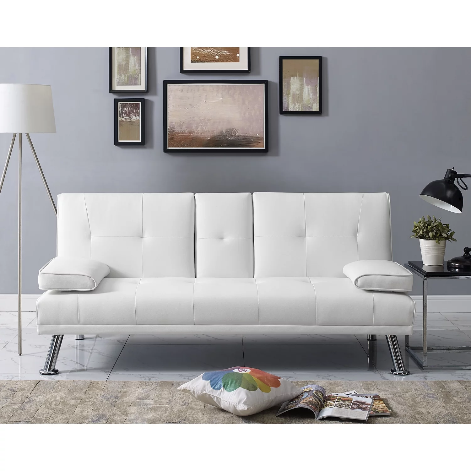 White Convertible Futon Sofa, Modern Reclining Black Sleeper Sofa, Faux Leather Futon Sofa Bed with Armrest and Cupholders