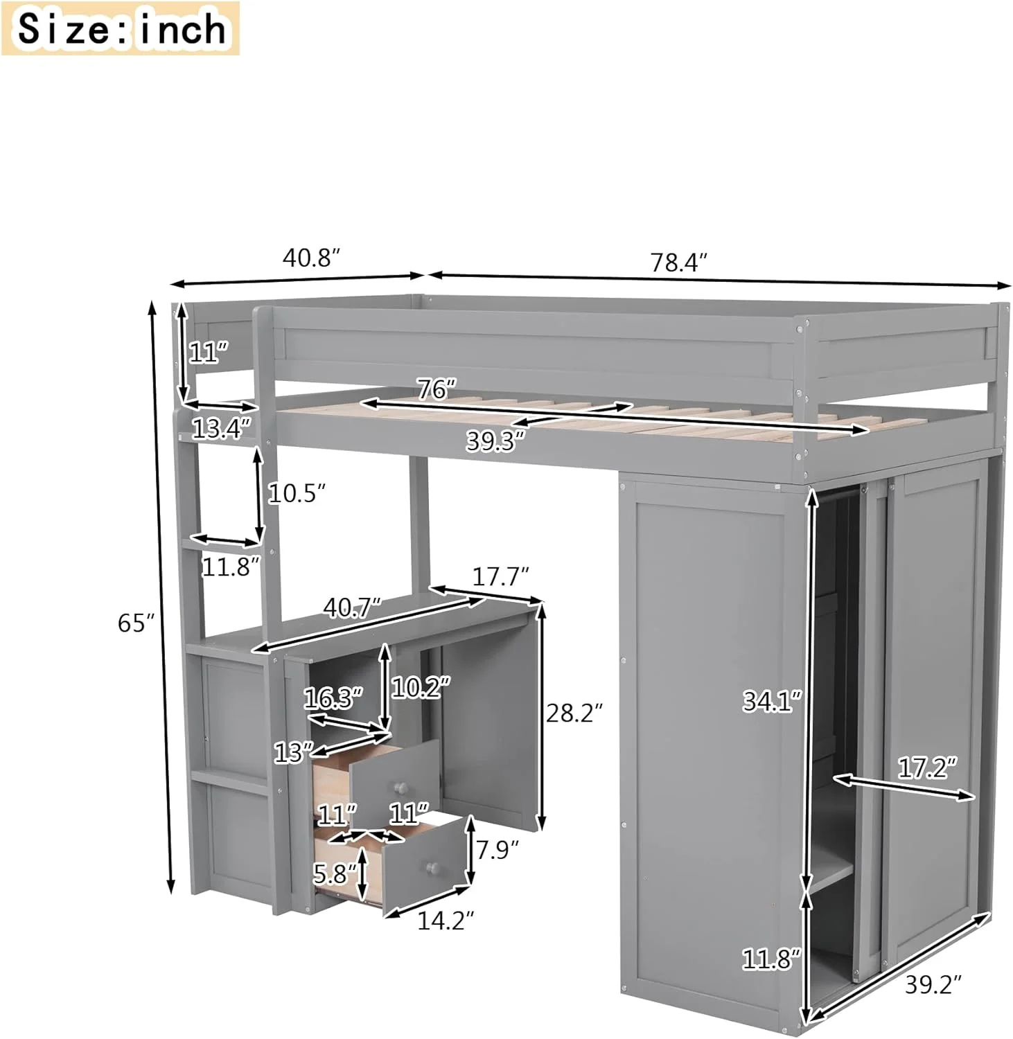 Loft Bed With Storage Wardrobe Ad Desk Woode Loft Beds Frame With Drawers Ad Cabiet Wood High Loft Beds With Ladder For Kids Tees, Size, Gray