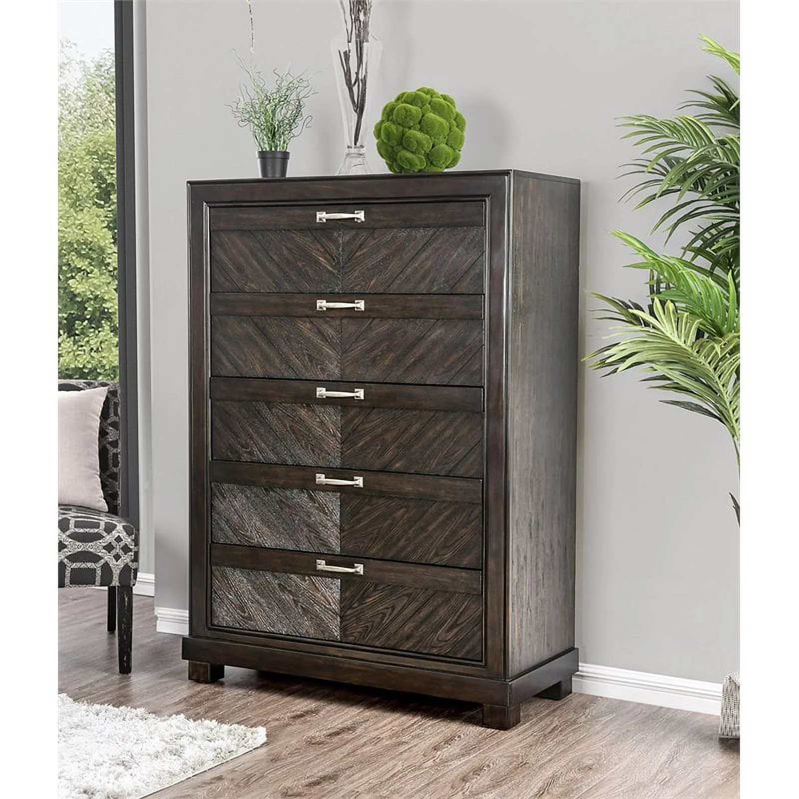 Furniture of America Reauso Solid Wood 5-Drawer Chest in Espresso