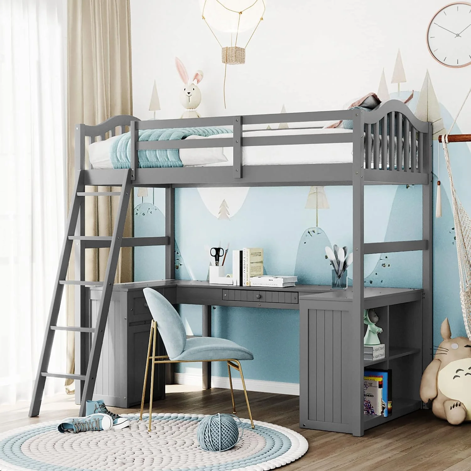 Loft Bed With Desk, Loft Bed With Drawer And Cabinet, Wood Kids Loft Bed With Bookcase Shelves For Dorm, Boys & Girls Teens Adults, Gray