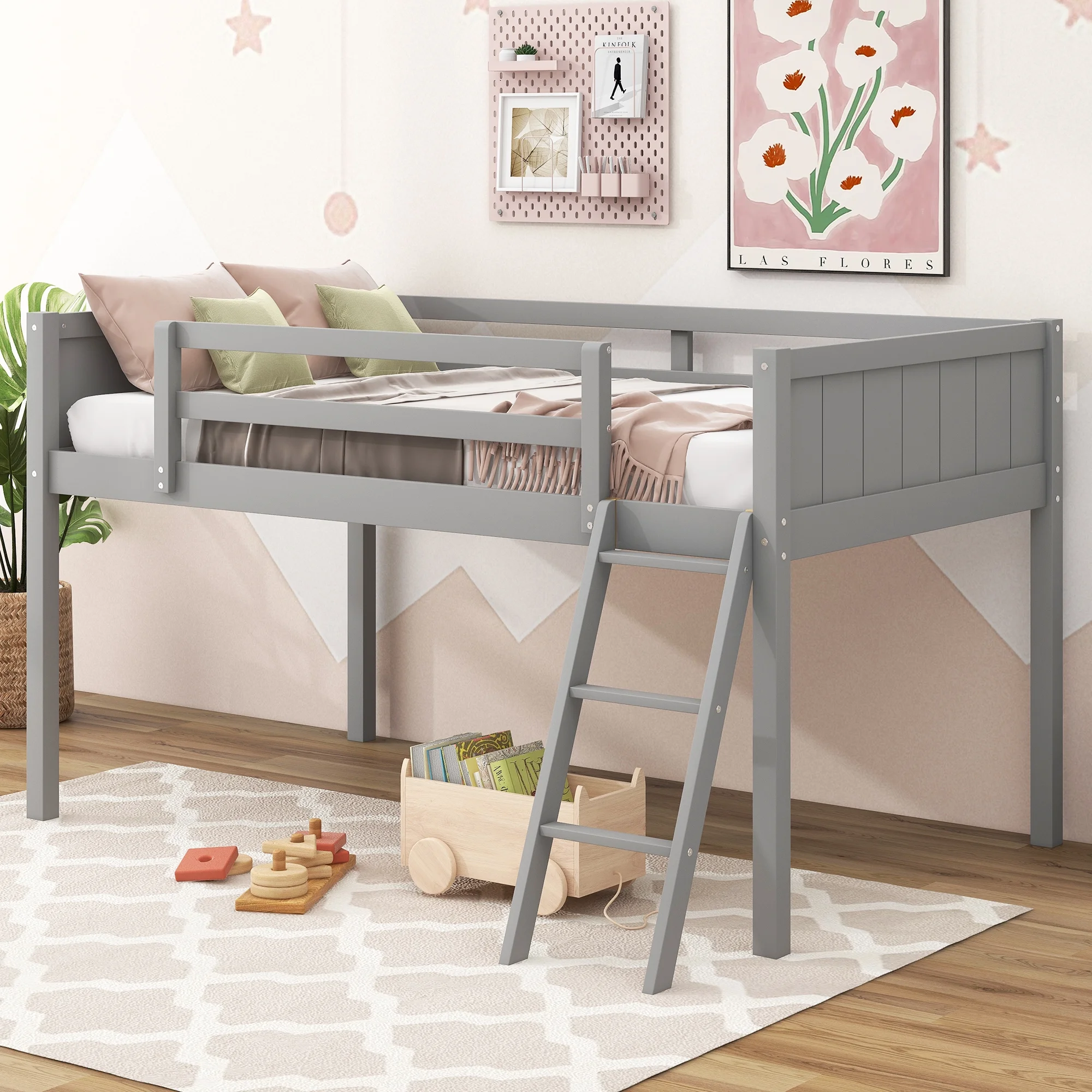 PAPROOS Twin Loft Bed, Modern Low Loft Bed Frame with Safety Guardrail and Ladder, Ladder Can Be Placed on The Left or Right, Twin Size Wood Loft Bed for Kids Girls Boys, No Box Spring Needed, Gray