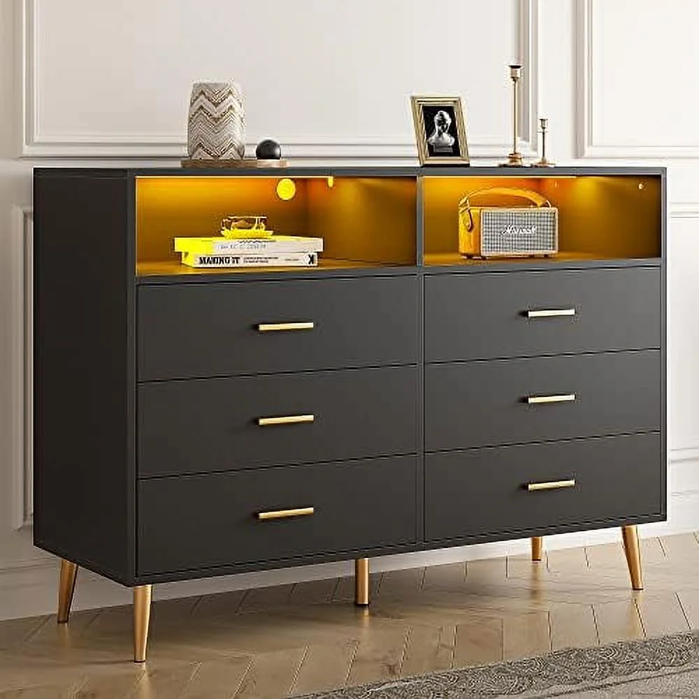 HOOMHIBIU Dresser  Black Dresser  Bedroom Dresser for Bedroom  Wood Dressers & Chests of Drawers  6 Drawer Dresser with LED  Dresser Wood with Drawers  Large Dressers Bedroom  47.2