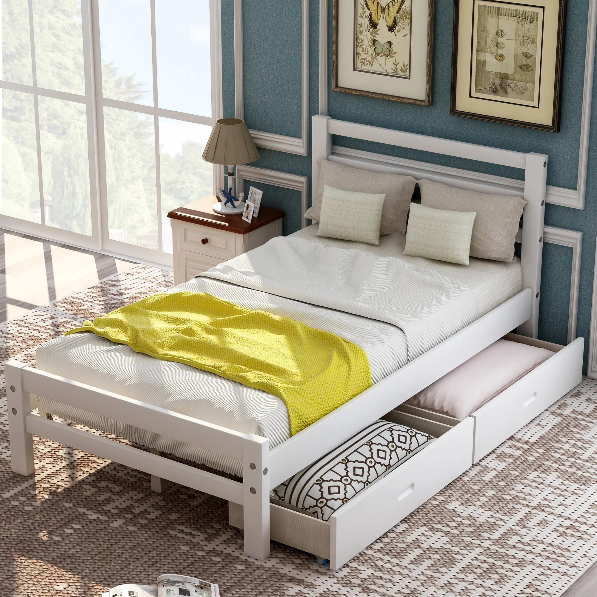 Nestfair White Twin Wood Platform Bed with 2-Drawers