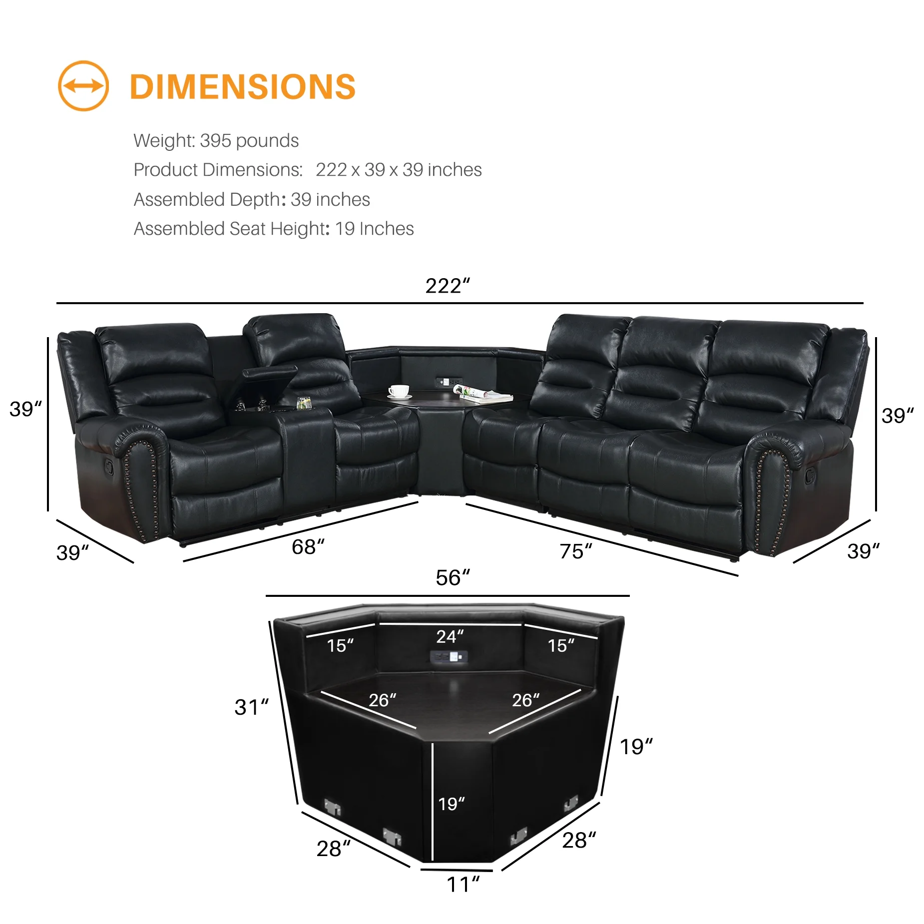 Nathaniel Home PU Leather Sectional Sofa Set, Reclining Couch for Living Room with Cup Holders, Love Seat with Wedge Wood Table, 5 Seater Theater Seating with Storage, Jet Black