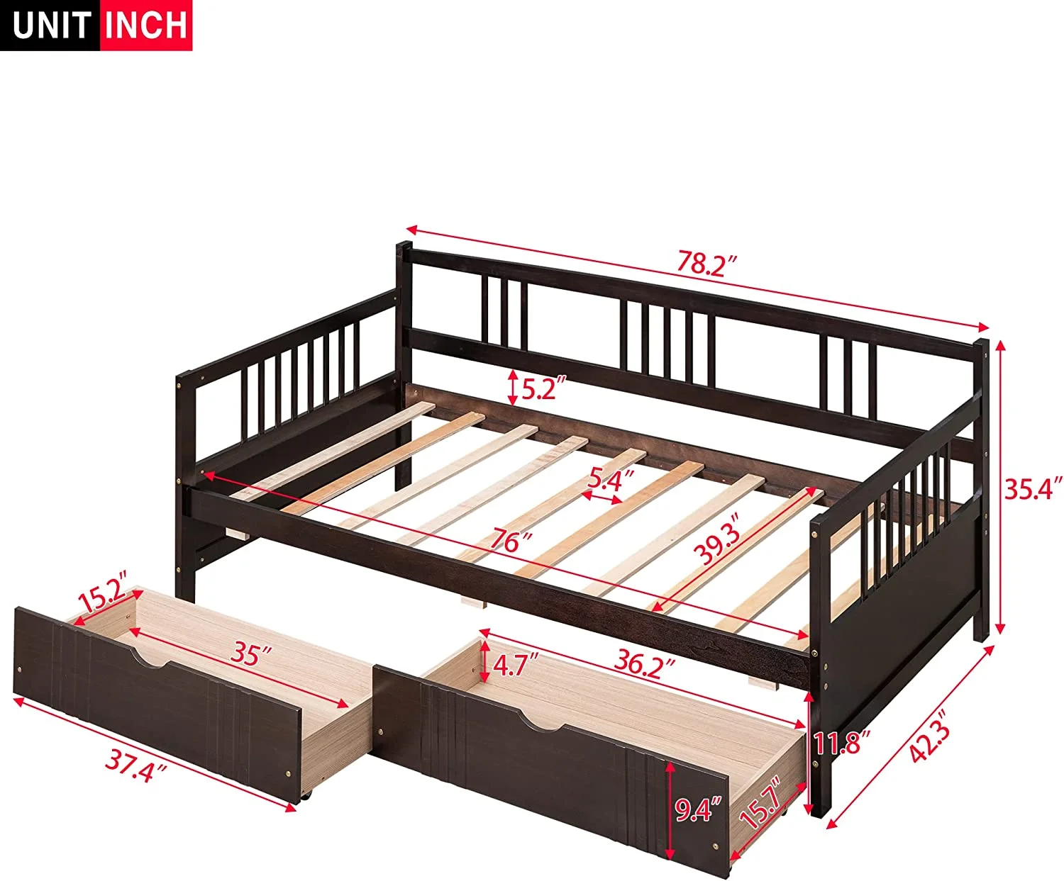 Daybed With Two Drawers, Wood Size Daybed With 2 Storage Drawers, Dual-Use Sturdy Bed For Living Room,Guest Room,Children Room, No Box Spring Needed(Espresso)