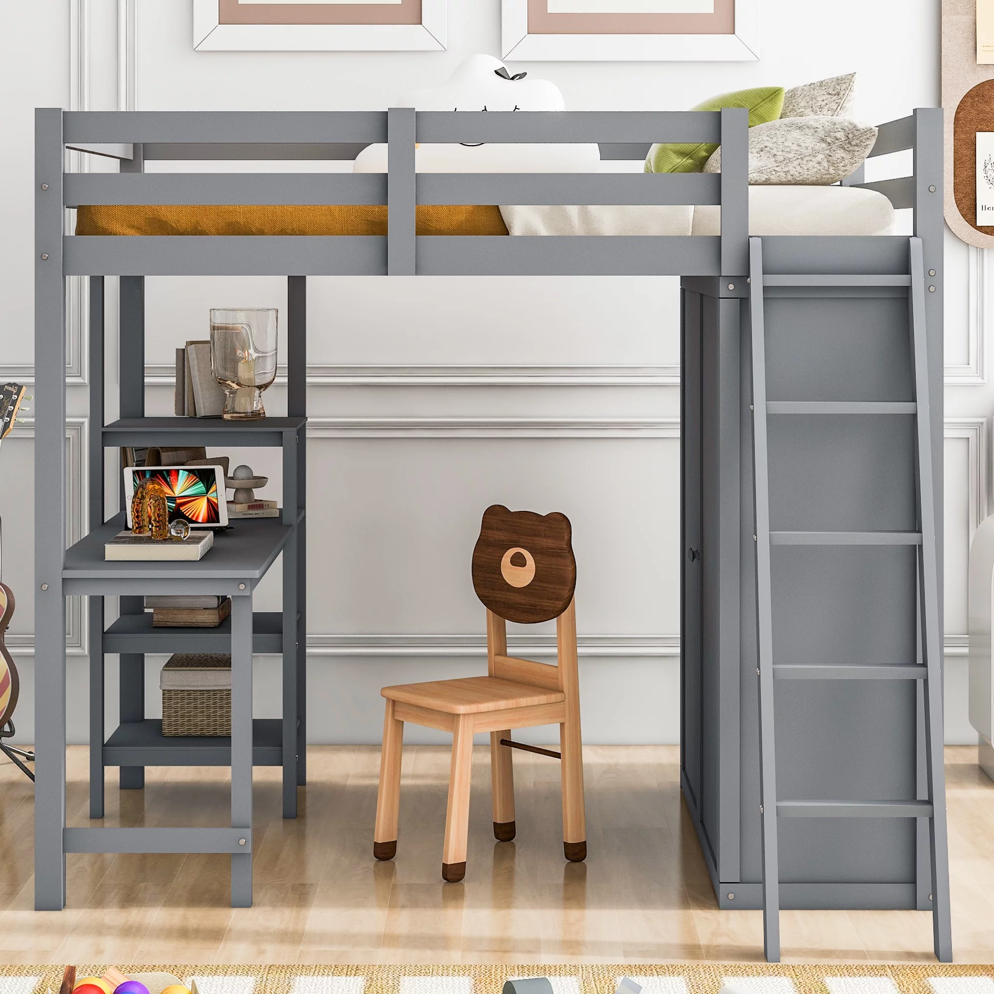 Versatility Galore Loft Bed with Wardrobe and Desk, Wooden Loft Bed Frame with Ladder and Safety Guardrail for Kids Teens Adults,Bedroom