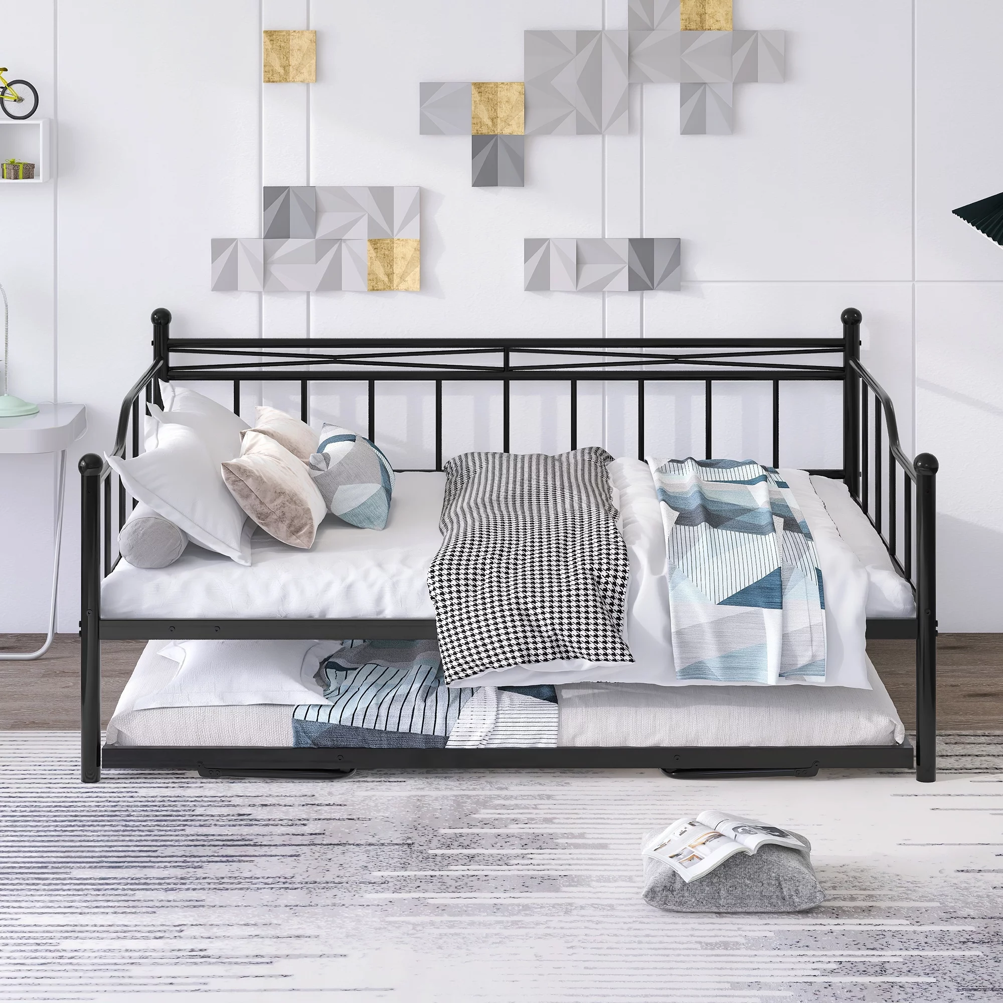 CoSoTower Full Size Metal Daybed with Twin Size Adjustable Trundle, Portable Folding Trundle, Black