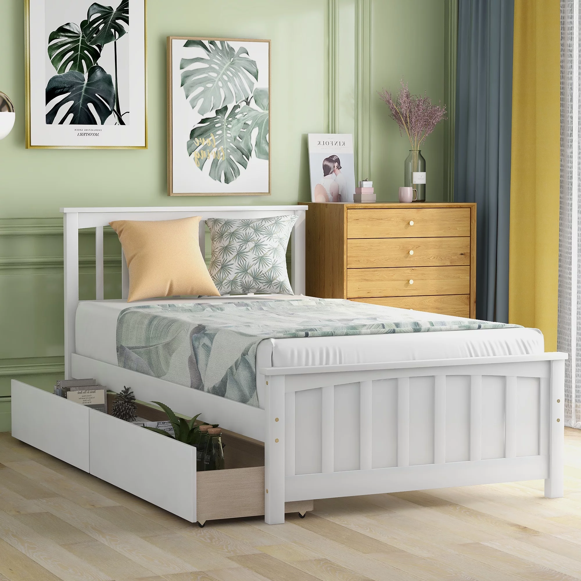 Gewnee Wood Twin Size Platform Bed with Headboard and 2 Storage Drawers for Kids,White