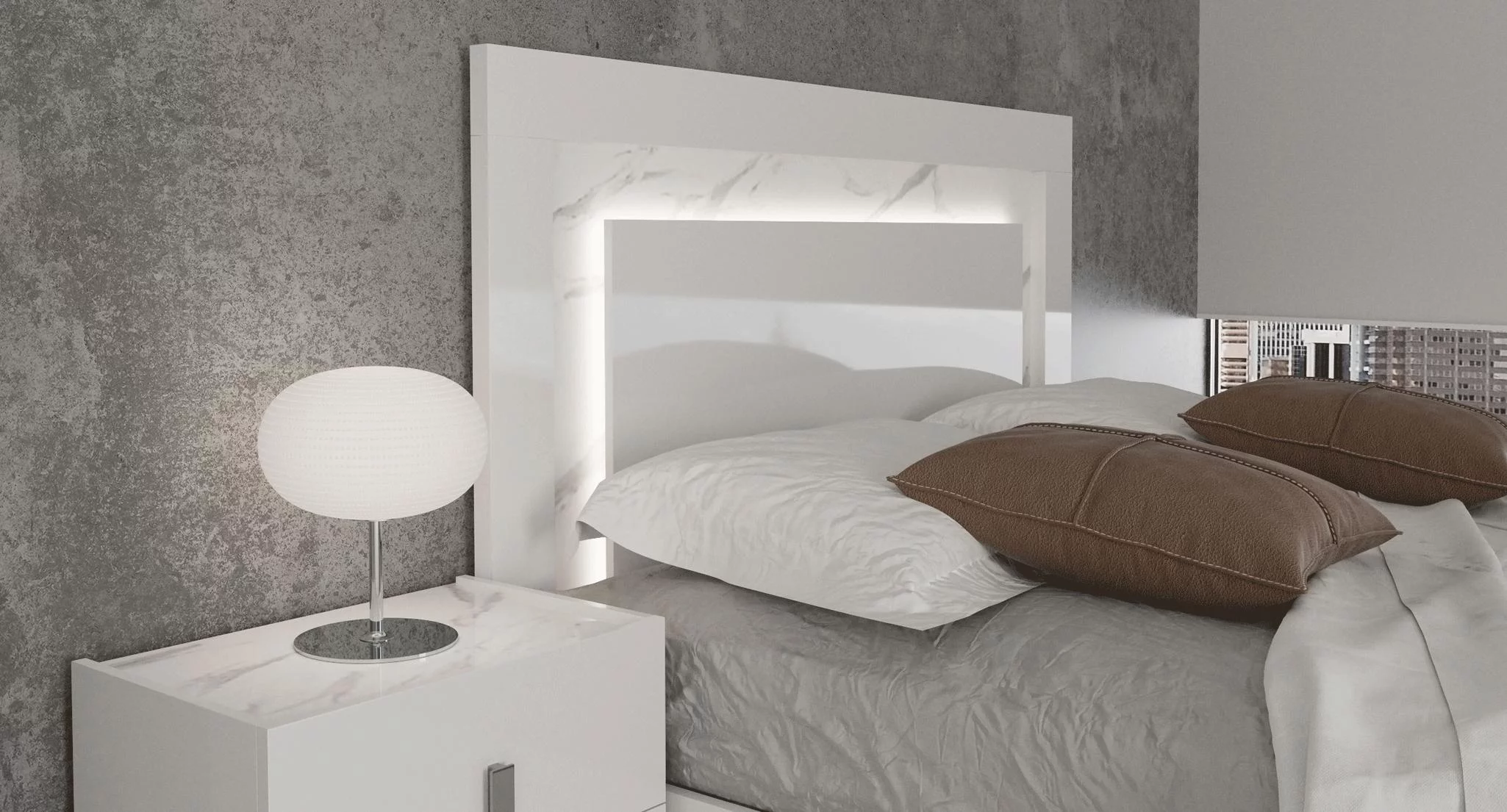 Glossy White Queen Bed Set 3 w/ LED Headboard CARRARA ESF Modern MADE IN ITALY