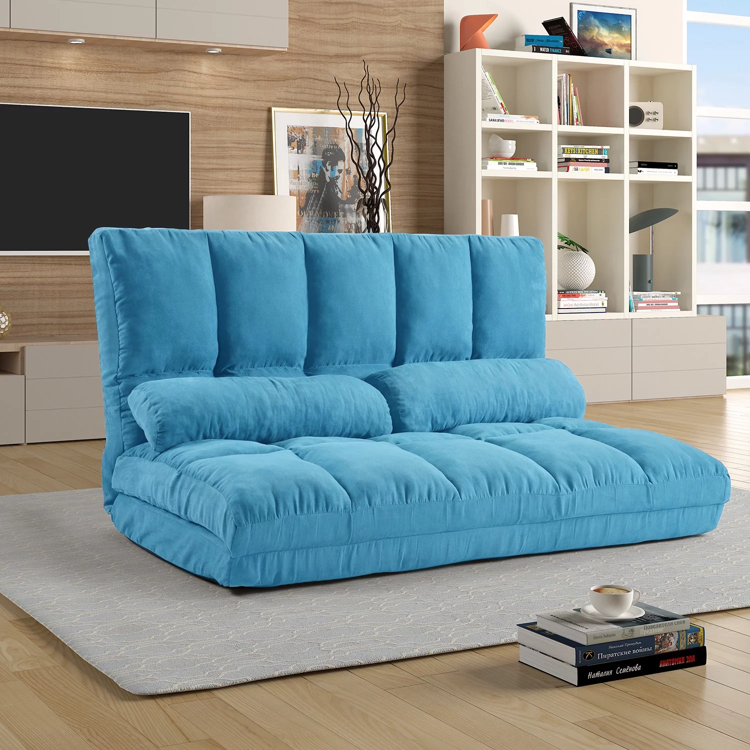 Double Chaise Lounge Sofa, Floor Sofa Bed Adjustable Sleeper Bed Futon Bed Sofa Couches 5-Position Reclining Sofa Lazy Sofa with Two Pillows Blue