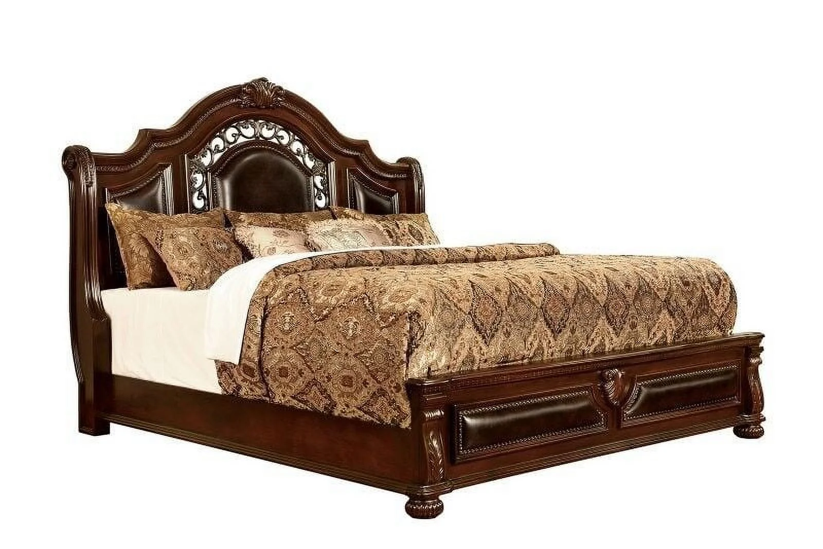 Formal Traditional Brown Cherry 1pc Queen Size Bed Majestic Bedroom Furniture Solid Wood Faux Wood Carved Padded Headboard Footboard
