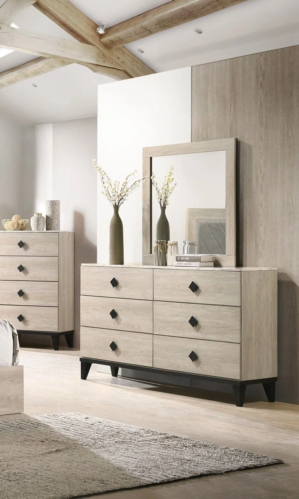 Classic Transitional Cream 6pc Bedroom Queen Size Bed Set Dresser Mirror 2x Nightstands Chest Wooden Furniture Upholstered HB