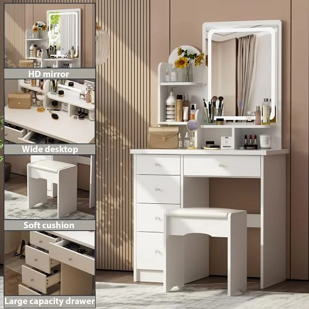 TJUNBOLIFE Large Vanity Table Set Makeup Vanity Dressing Table with Mirror  5 Drawers & Shelves  Dresser Desk and Cushioned Stool Set (White Normal Mirror)