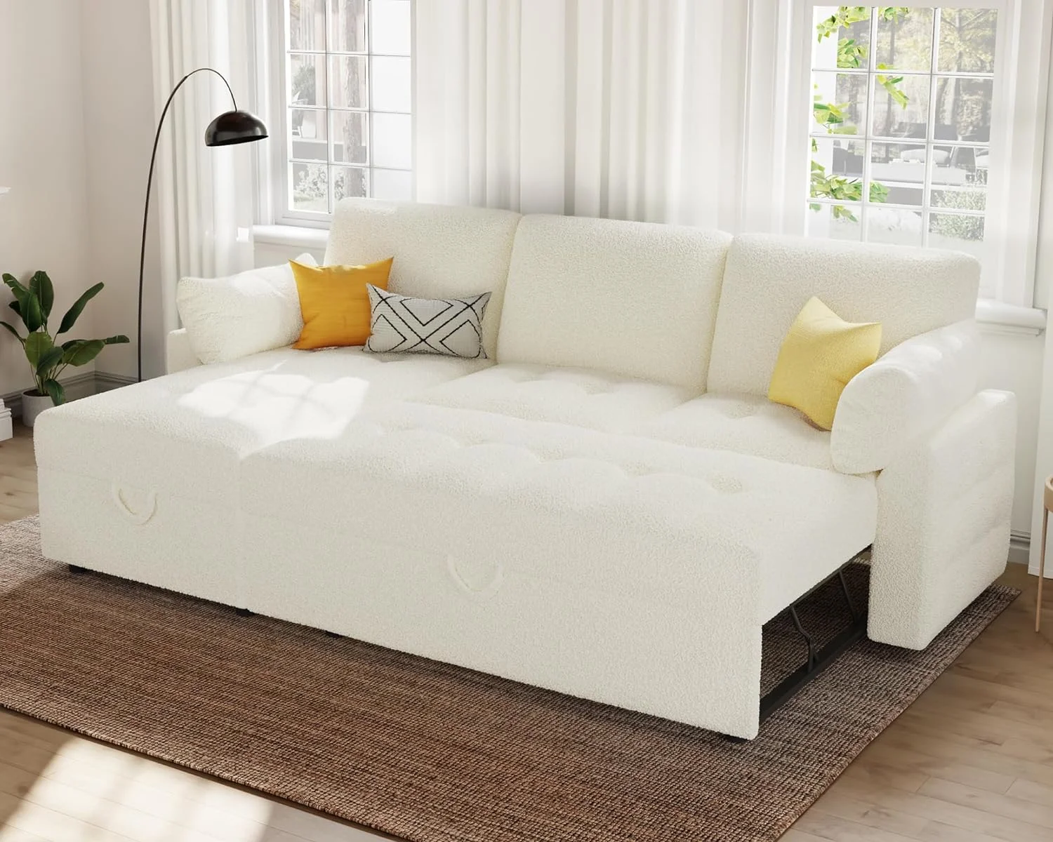 AMERLIFE Pull Out Sofa Bed,Modern Tufted Sofa,L Shaped Sleeper Sofa with Storage Chaise Boucle White