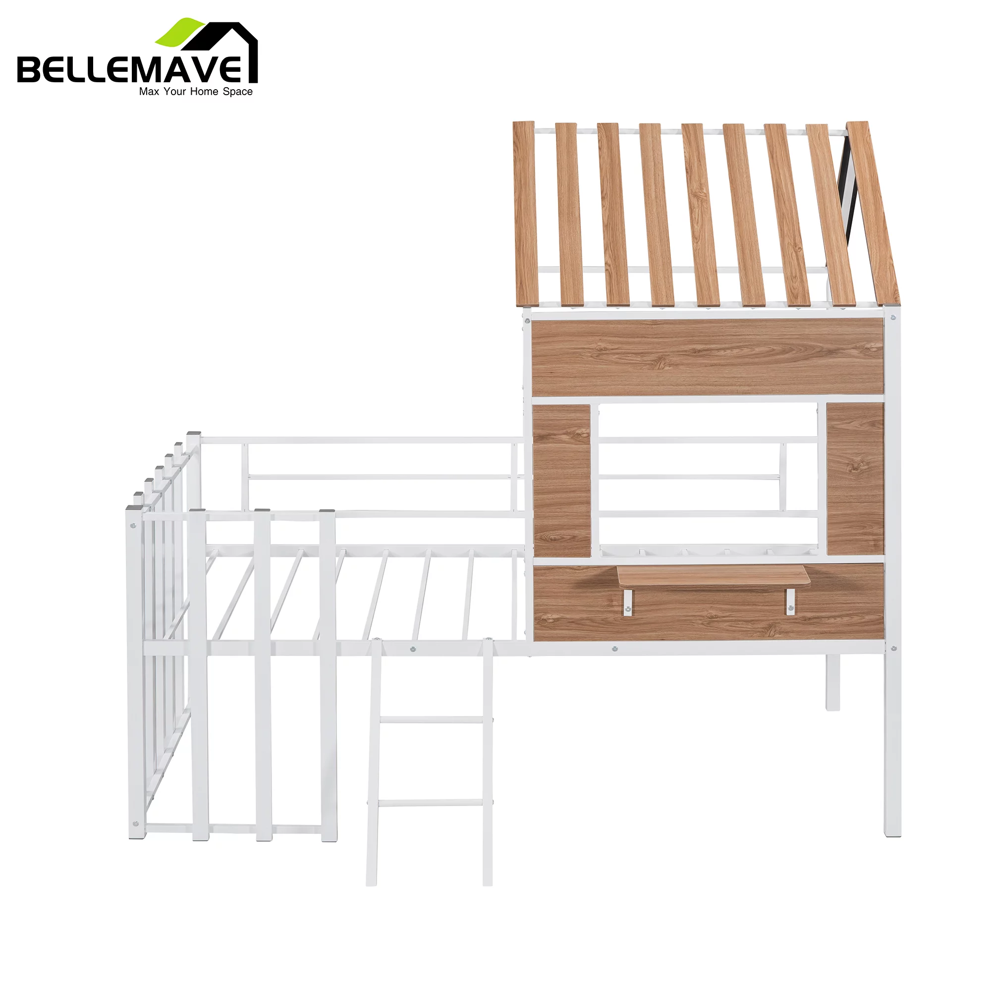 Bellemave White Metal Frame Twin Size Loft Bed for Kids Child Tween, Twin Size Kids Metal Loft Bed with Roof, Window, Guardrail and Ladder for Bedroom