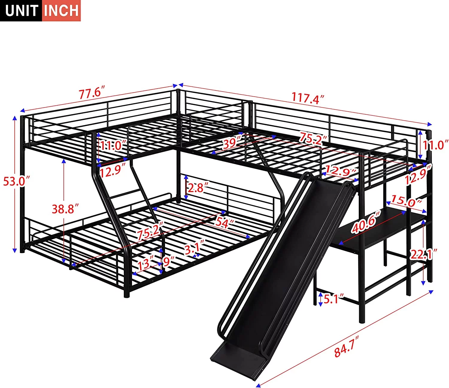 L Shaped Buk Bed With Slide, Over Full Buk Bed & Size Loft Bed With Built-I Desk, Corer Beds, Metal Triple Bed For Kids Tees Boys Girls,o Box Sprig eeded(Black)